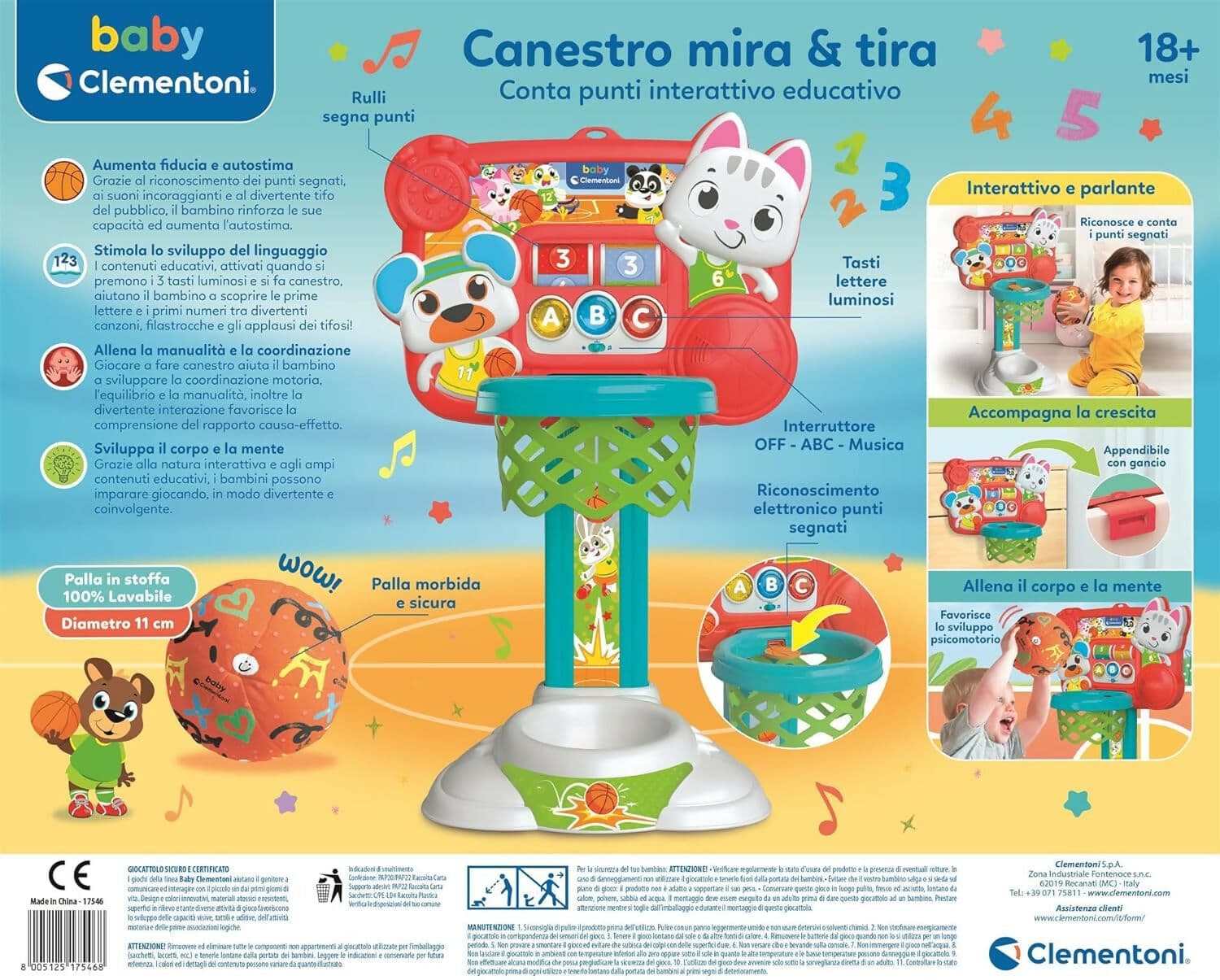CLEMENTONI Baby Canestro Mira e Tira, Canestro con Conta Punti Interattivo educativo, Palestrina Interattiva per Bambini di 18+ Mesi, Stimola Lo Sviluppo Sensoriale e Cognitivo, 17546 in Basket Sanitaria Gioia del Bimbo - Villa San Giovanni, commercioVirtuoso.it