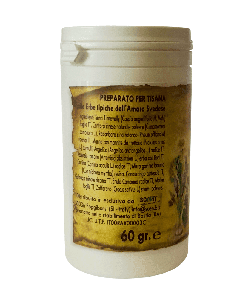 Preparato per Tisana alle erbe tipiche dell' Amaro Svedese nell’assoluto rispetto della ricetta originale di Maria Treben, digestiva, diuretica, drenante, per gonfiore addominale, 100% naturale in Infusi e tisane alle erbe Scen Scientific and Natural - Poggibonsi, commercioVirtuoso.it