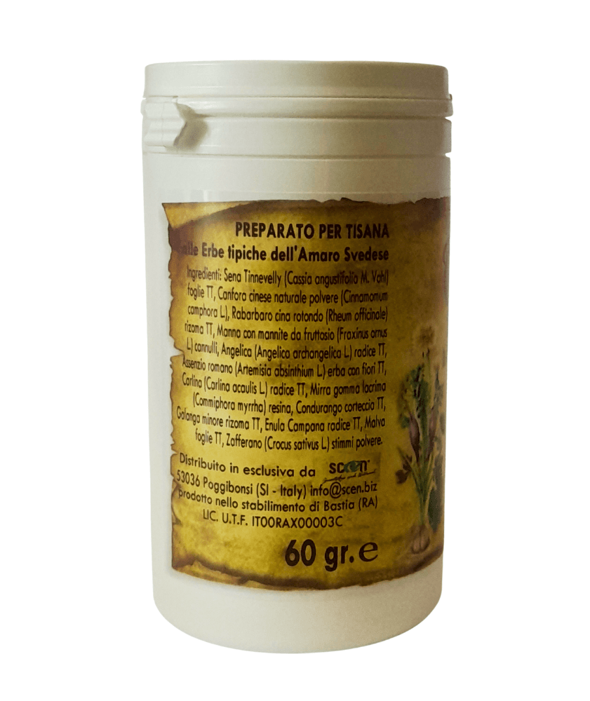 Preparato per Tisana alle erbe tipiche dell' Amaro Svedese nell’assoluto rispetto della ricetta originale di Maria Treben, digestiva, diuretica, drenante, per gonfiore addominale, 100% naturale in Infusi e tisane alle erbe Scen Scientific and Natural - Poggibonsi, commercioVirtuoso.it