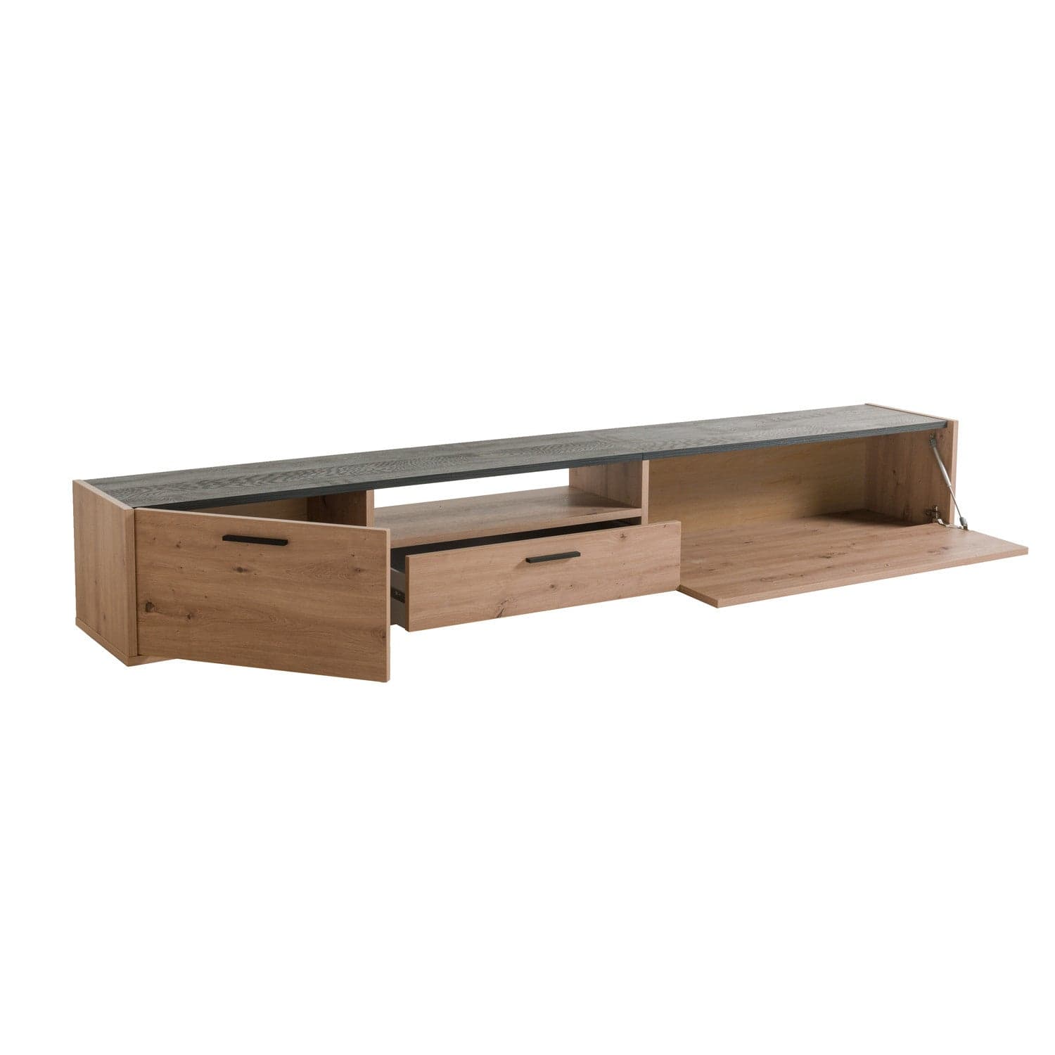 Porta Tv per parete attrezzata da soggiorno con 2 ante Rovere e Nero 270 cm in Pareti attrezzate Decor Space - Altamura, commercioVirtuoso.it