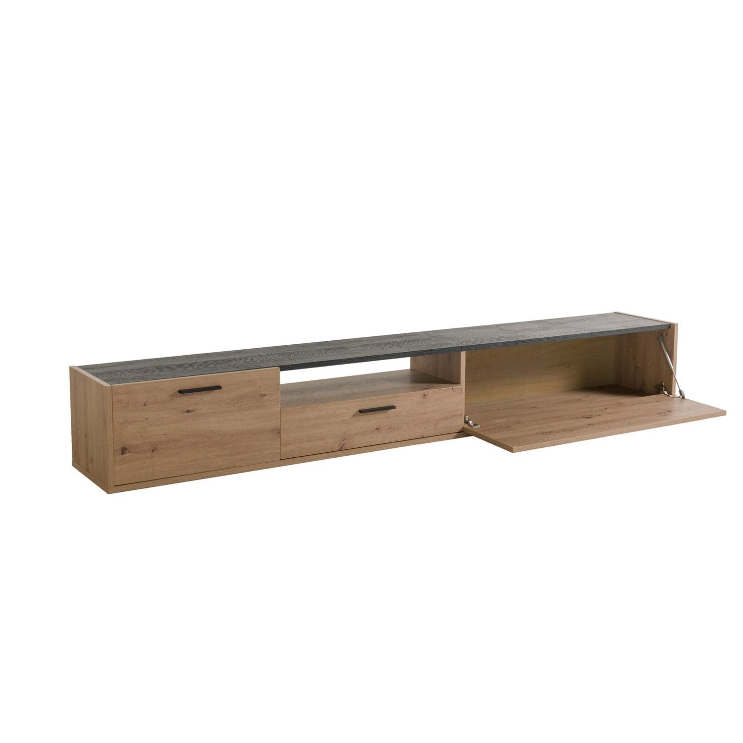 Porta Tv per parete attrezzata da soggiorno con 2 ante Rovere e Nero 270 cm in Pareti attrezzate Decor Space - Altamura, commercioVirtuoso.it