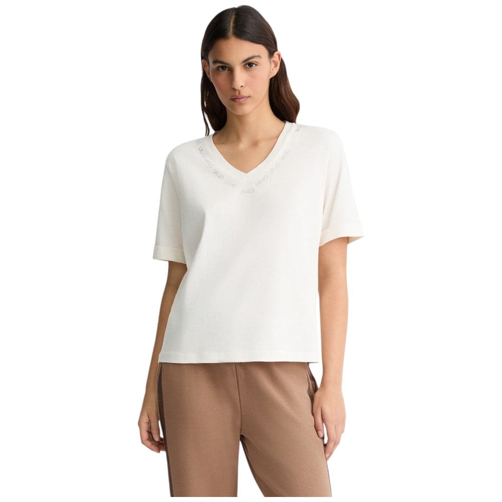 Liu Jo t-shirt panna scollo a V con strass TA5175JS923 M9295