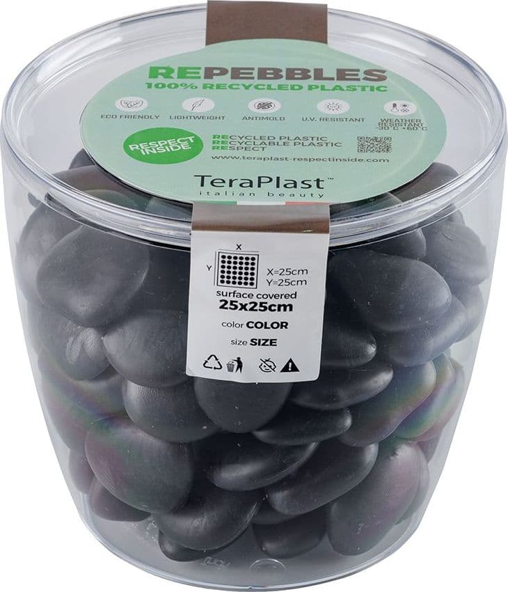 Sassi decorativi in plastica riciclata "re-pebbles" ciottoli antiusura da esterno ed interno – Nero, Pot Pack – Teraplast