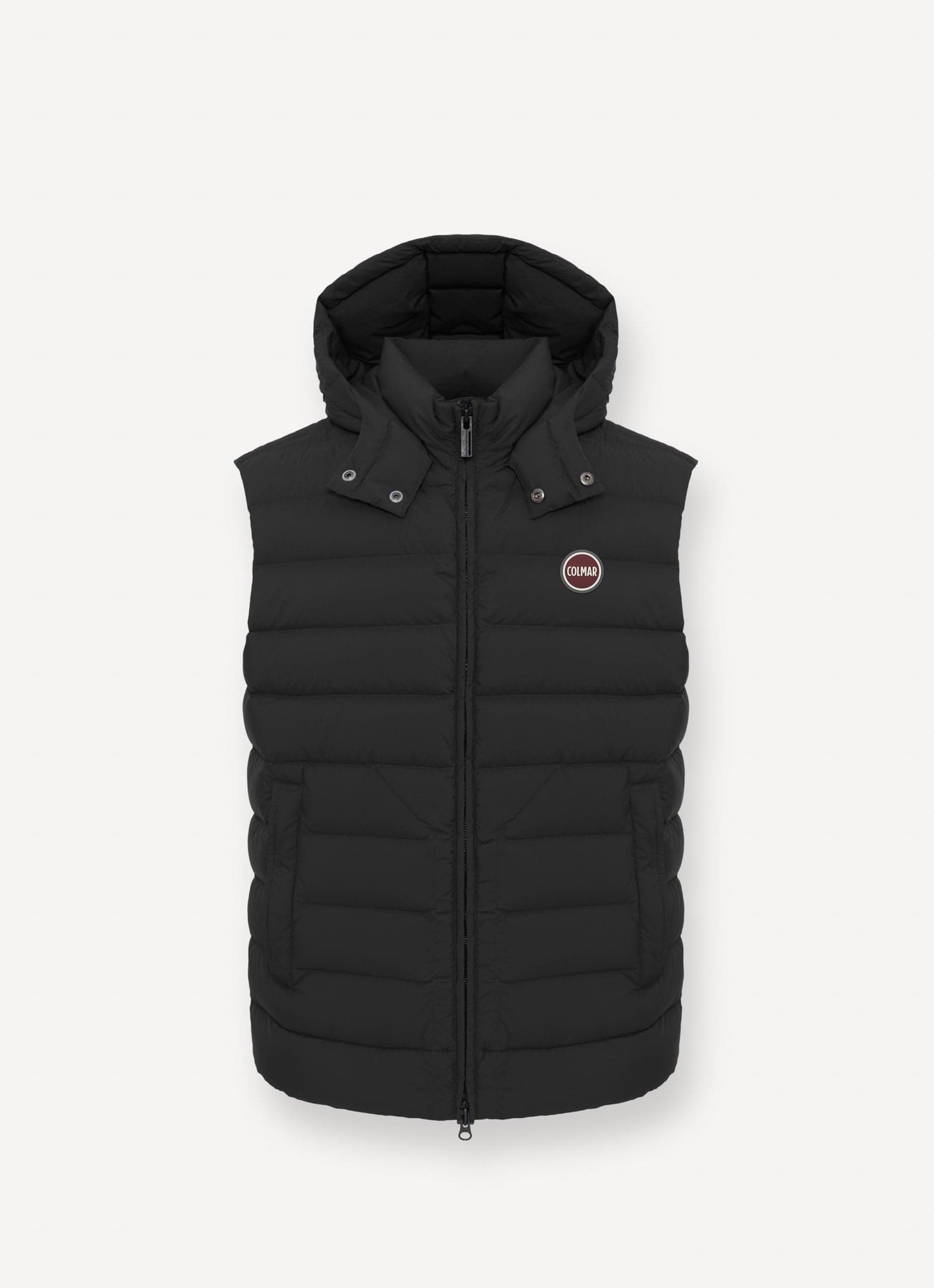 Gilet uomo Colmar nero con cappuccio staccabile e imbottitura in piuma naturale davanti