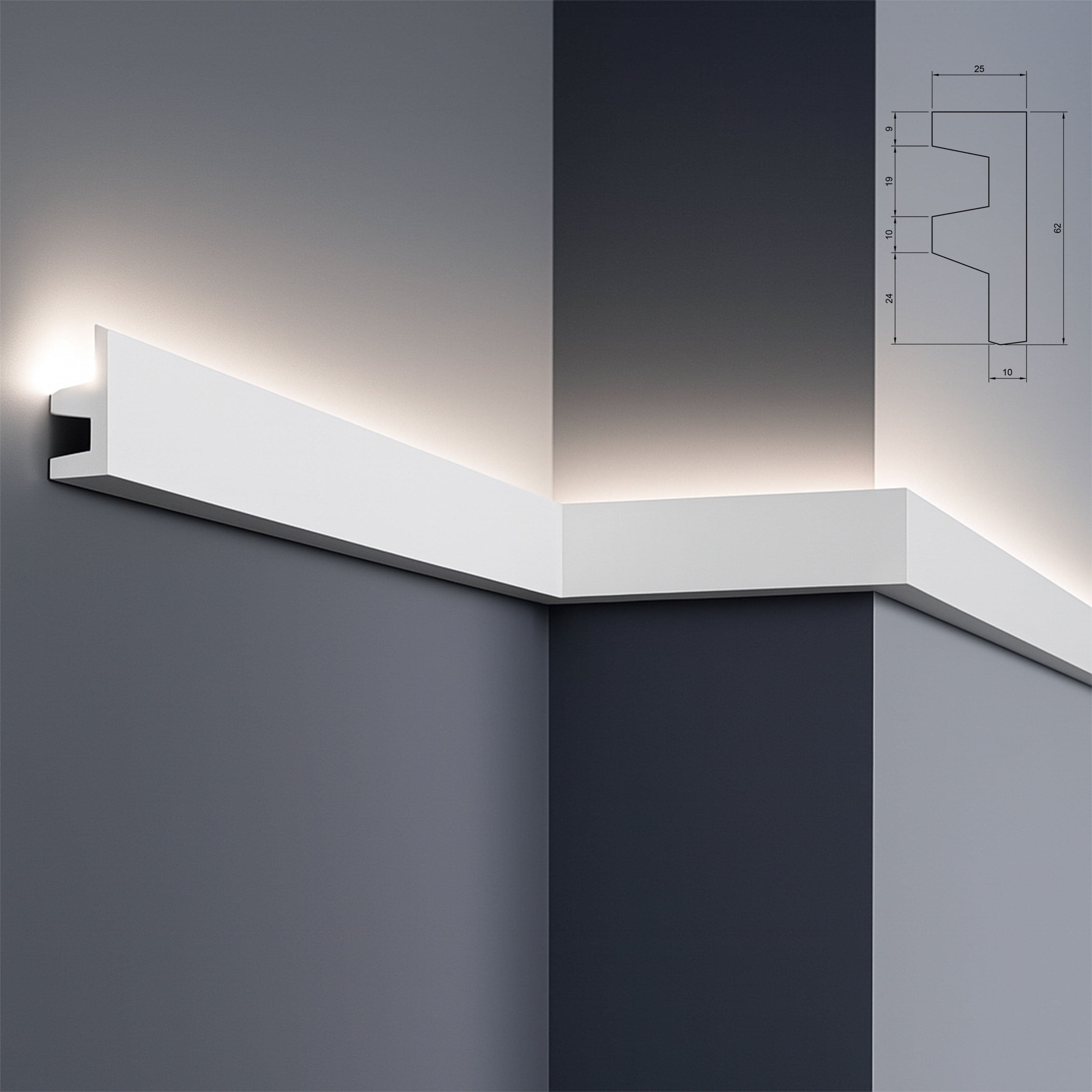 *STOCK FOLLI* Profilo Cornice per LED in Polimeri Bianco RAL 9016 verniciabile 62X25mm (Prezzo al metro) in Battiscopa Eternal Parquet - Ariano Irpino, commercioVirtuoso.it