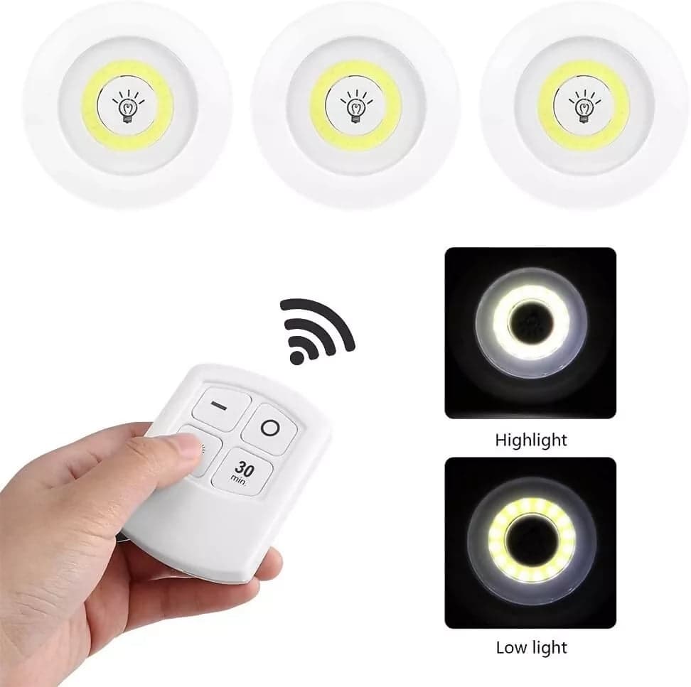 Kit 3 faretti led light telecomando remote control per soffitto armadio cucina bianco freddo 6000k uso interno