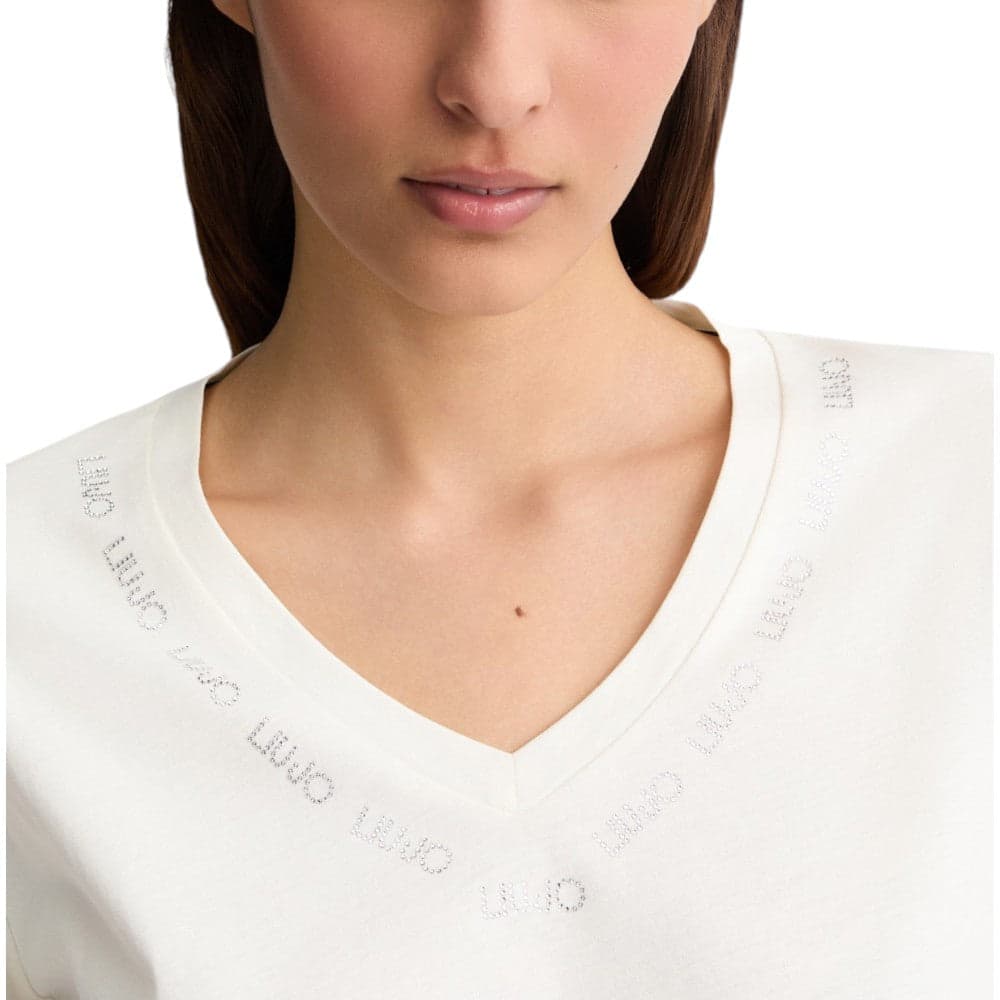 Liu Jo t-shirt panna scollo a V con strass TA5175JS923 M9295 T-shirt Liu Jo