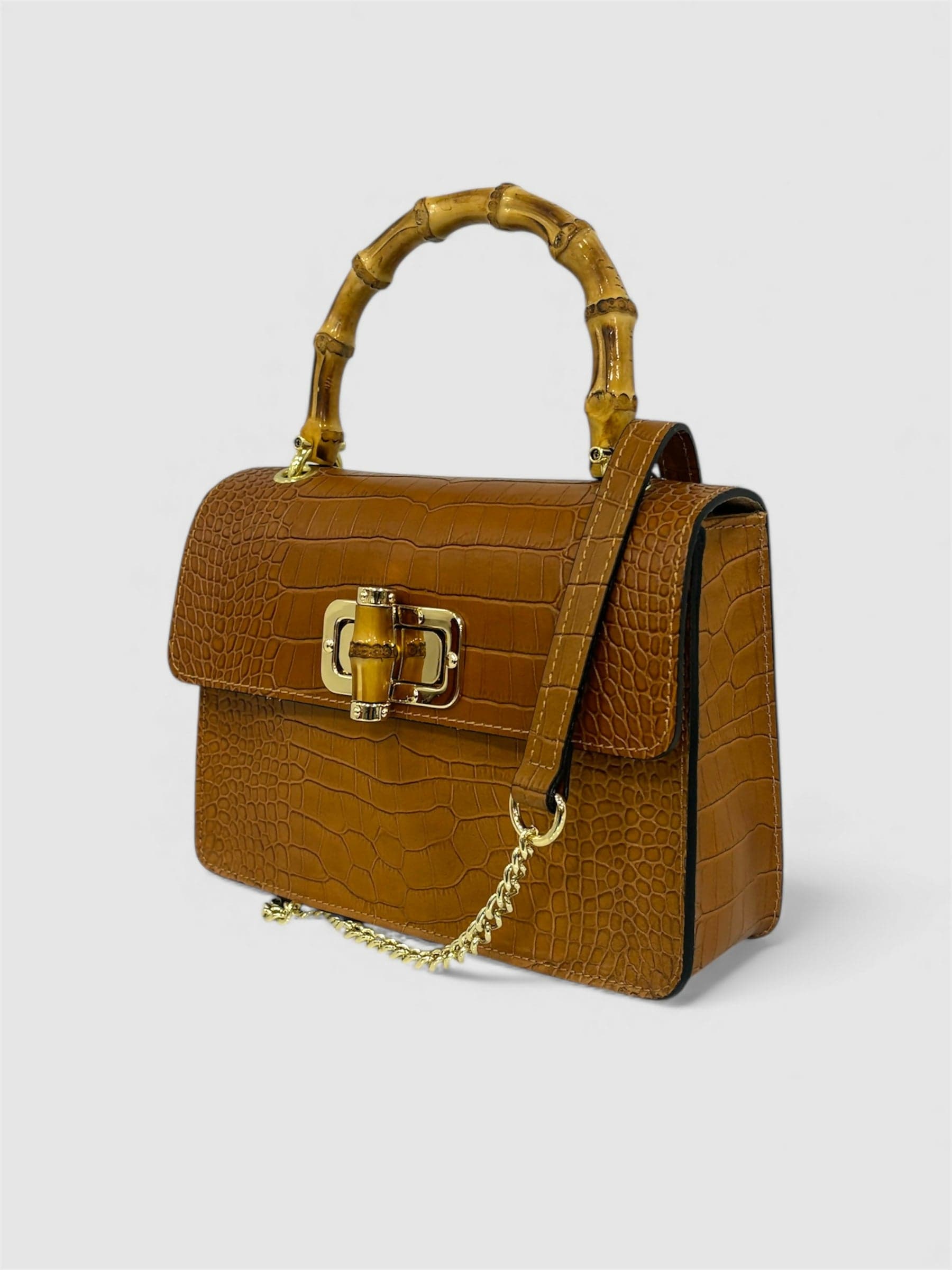 DOPPIASE Borsa in Vera Pelle Cocco Stampato con Manico in Bamboo 22x15x7cm in Borse a mano Nanabags - Sesto Fiorentino, commercioVirtuoso.it