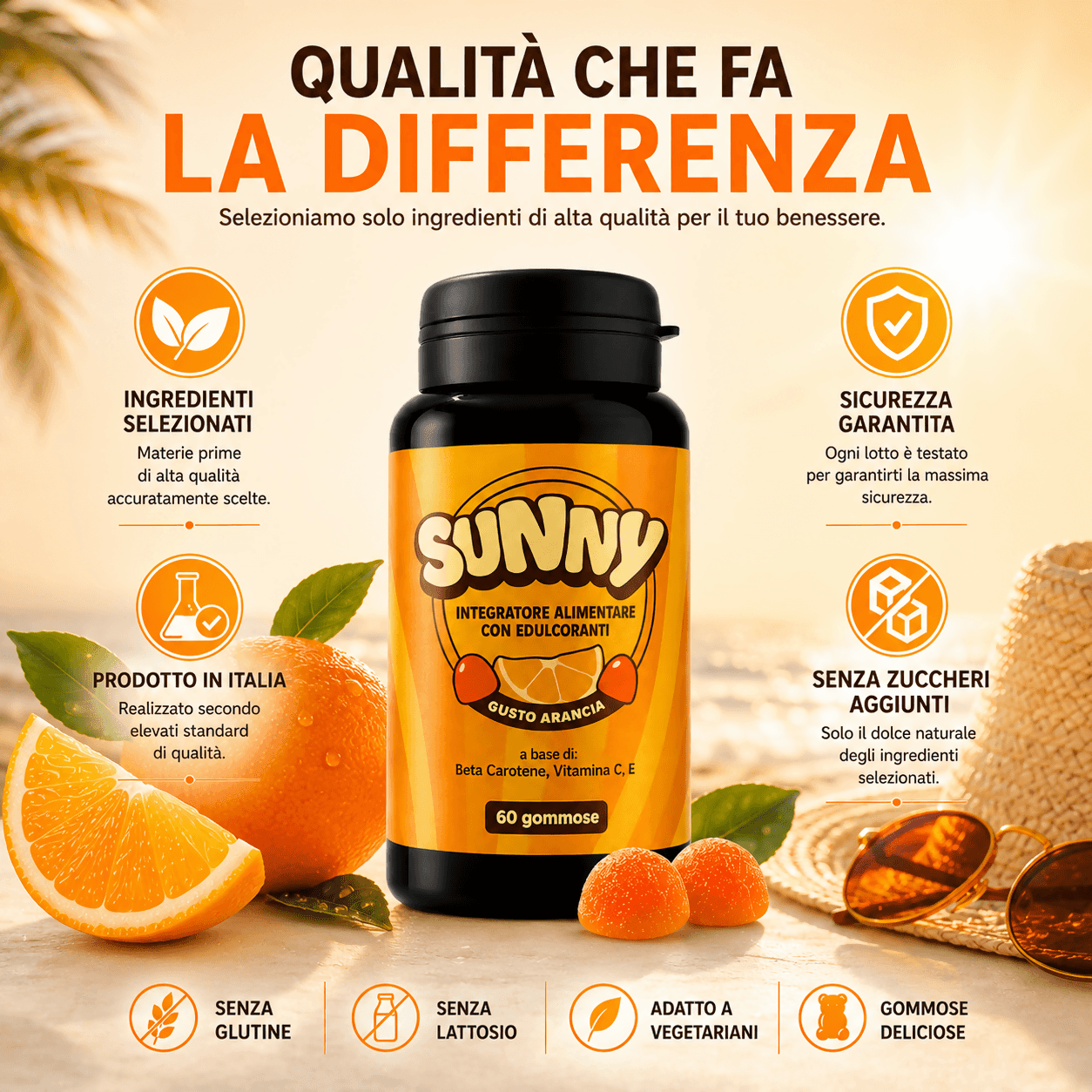 Integratore supporto Abbronzatura Naturale SUNNY | 60 Gommose al Beta-Carotene e Vitamine | Made in Italy in Beta carotene BasketGuru Italia - Palermo, commercioVirtuoso.it