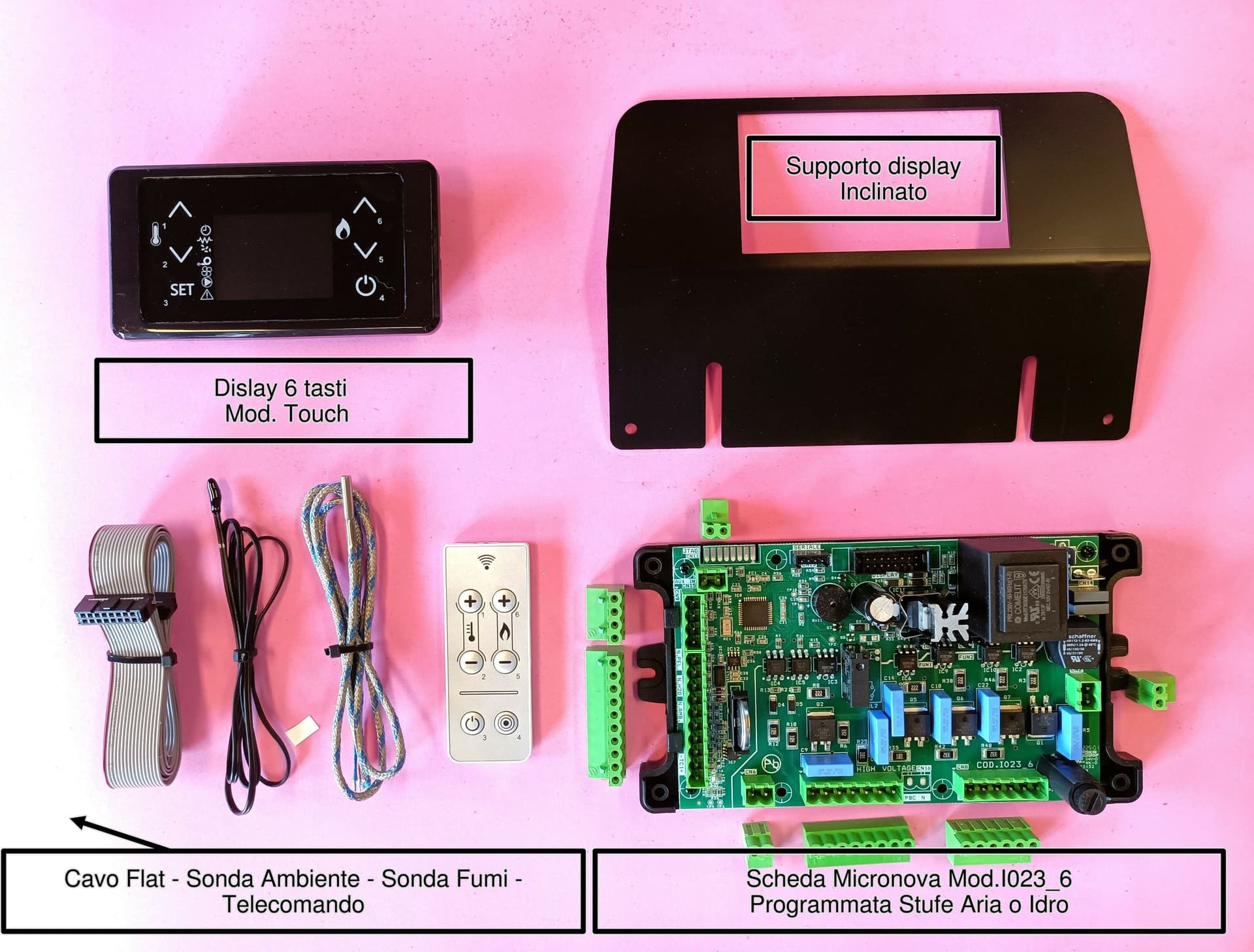 Kit professionale composto scheda I023_6-Dispaly Lcd 6 Tasti Touch-Cavo Flat-Sonda Ambiente-Sonda Fumi-Telecomando-Supporto Inclinato per Display in Impianti di riscaldamento a pellet La Bottega dei Ricambi - San Cesareo, commercioVirtuoso.it