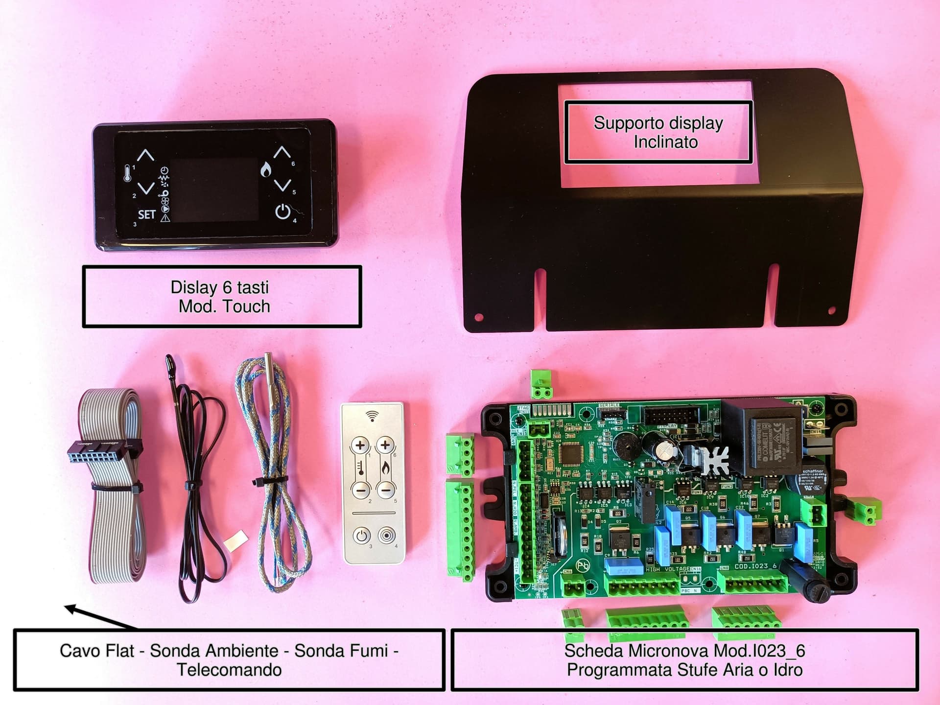 Kit professionale composto scheda I023_6-Dispaly Lcd 6 Tasti Touch-Cavo Flat-Sonda Ambiente-Sonda Fumi-Telecomando-Supporto Inclinato per Display in Impianti di riscaldamento a pellet La Bottega dei Ricambi - San Cesareo, commercioVirtuoso.it
