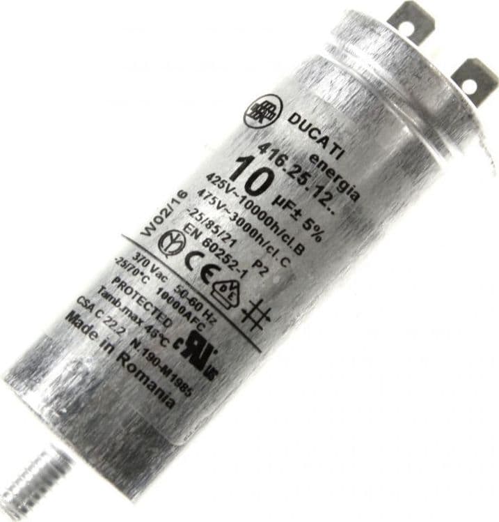 Condensatore 10,0uF Ducati Metallico, Ø35x85,5mm per Lavatrice, Asciugatrice