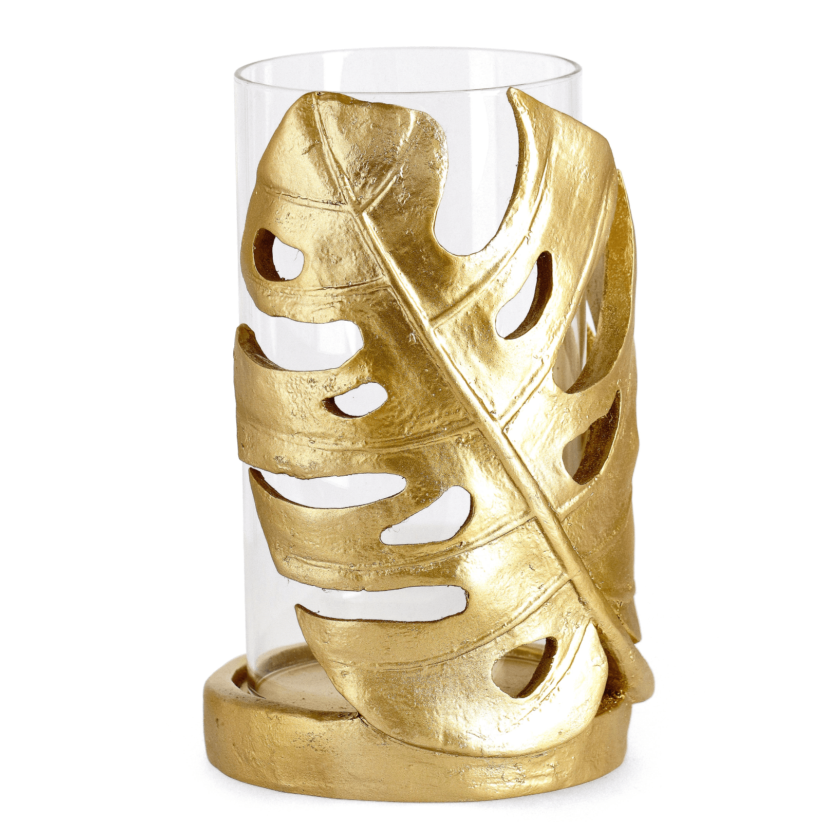 Porta candela  palong foglia monstera oro h 23cm prodotto realizzato in vetro e poliresina, resistente all'acqua - 3