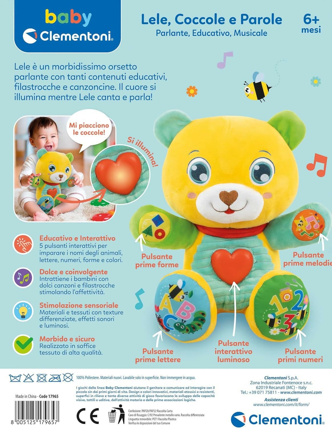 Clementoni Baby - Lele Coccole e Parole - Peluche Parlante Interattivo, Gioco Educativo Prima Infanzia Bambini 6 Mesi, Gioco Pupazzo Neonato, Musicale, Luci e Suoni, con Batterie, in Italiano in Giochi musicali Sanitaria Gioia del Bimbo - Villa San Giovanni, commercioVirtuoso.it