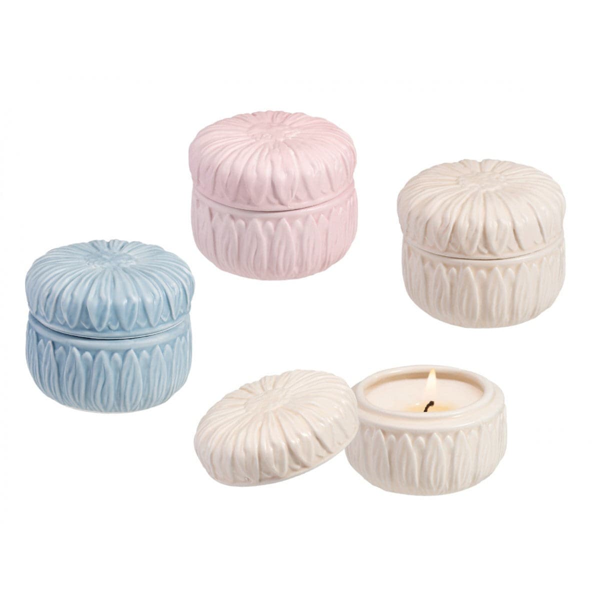Candela in porcellana Schonherr Sunflower da 150gr, disponibile in sei colori colormat, decorativa con scatola regalo inclusa.