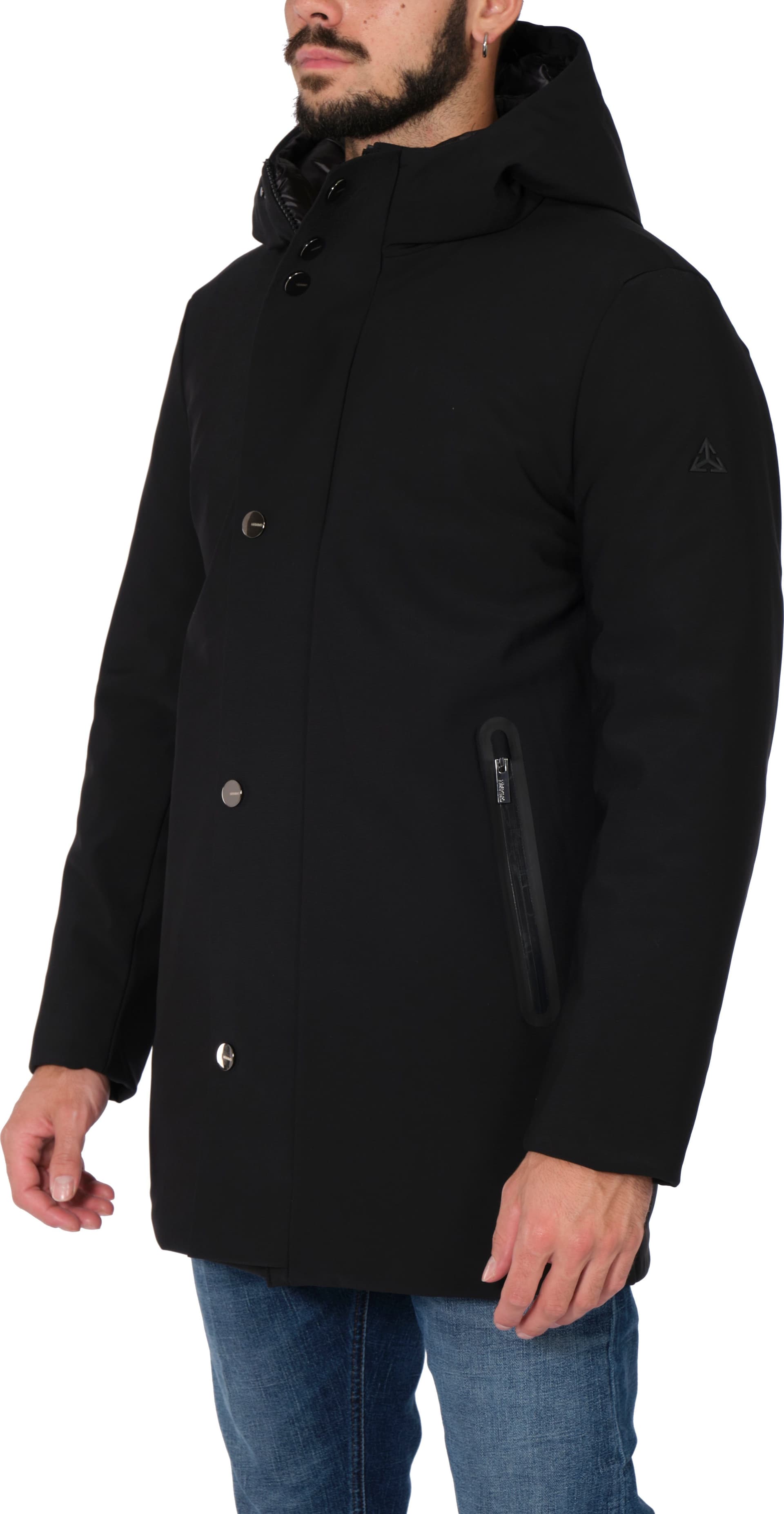 HESKIMO Heskimo - Lungo Con Capp. Softshell Bonded Bottoni In Metallo HE544015 NERO da uomo in Giacche Drestige - Casamassima, commercioVirtuoso.it