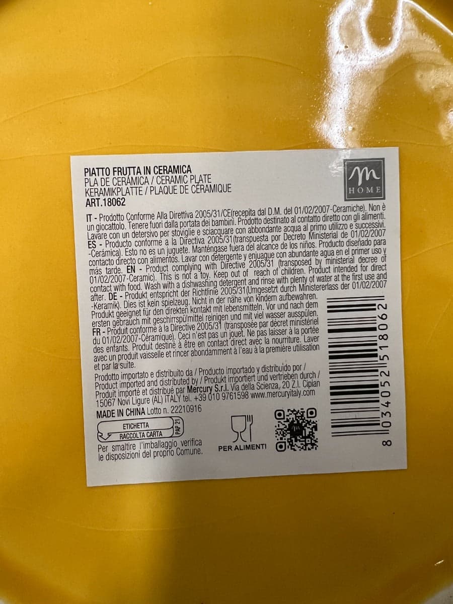 M HOME - PIATTO FRUTTA IN CERAMICA GIALLO CM 23 in Piatti da tavola Stockdoc - Terni, commercioVirtuoso.it