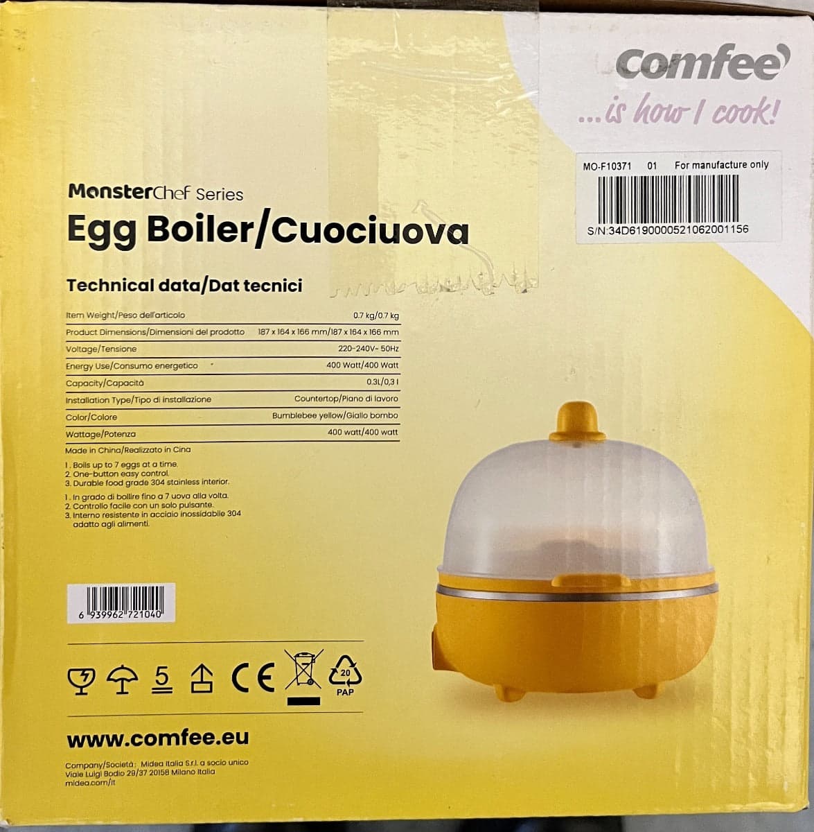 COMFEE' - CUOCIUOVA MZ-ZG16E101A2, 7 Uova, Capacità 0.3L, Giallo in Cuociuova Stockdoc - Terni, commercioVirtuoso.it
