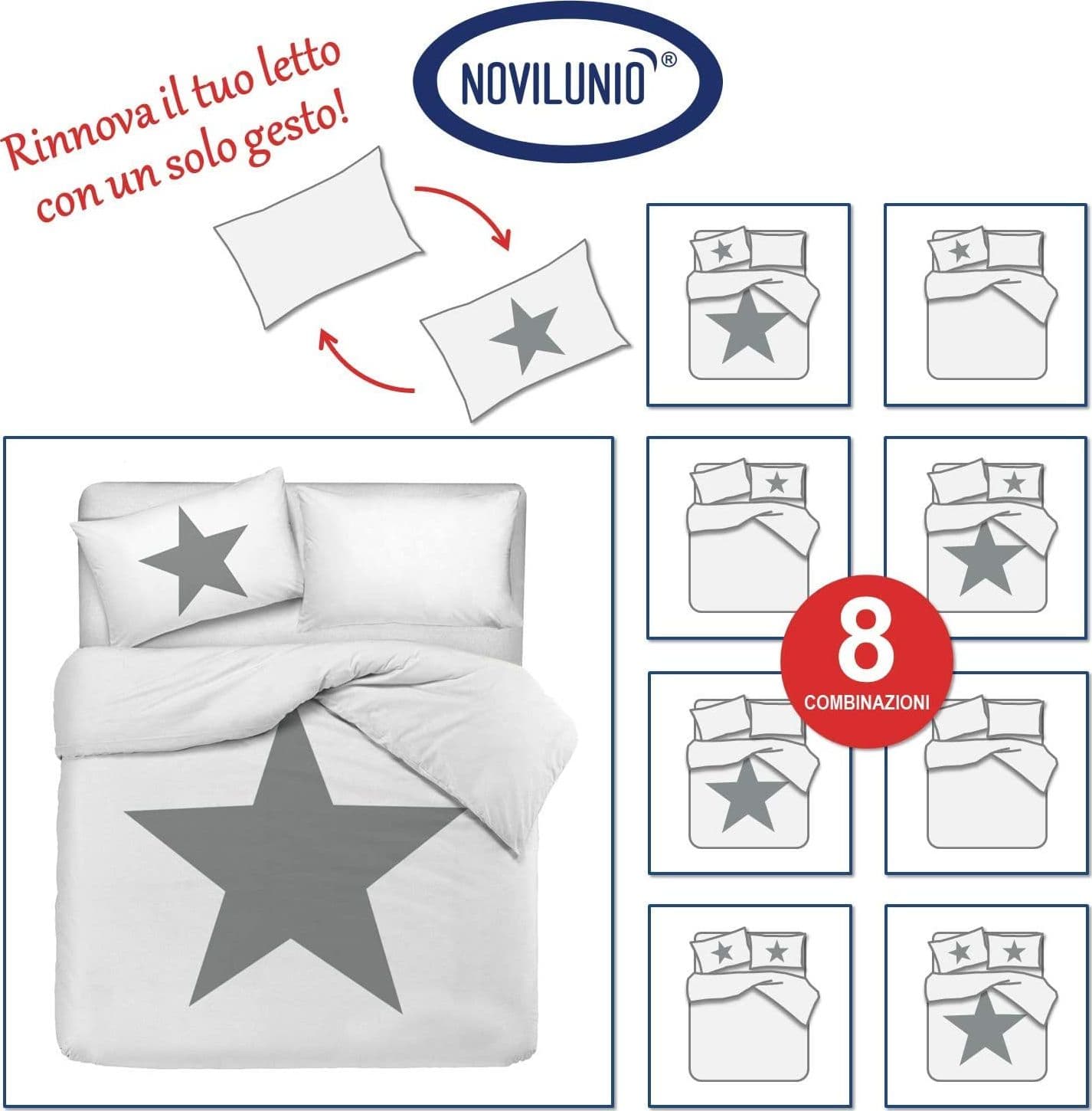 Set copripiumino federe letto 100% cotone stampa digitale STELLA GRIGIO/STELLINE in Set copripiumini e federe Vanita di raso - Sesto San Giovanni, commercioVirtuoso.it