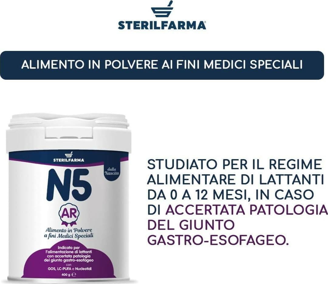 STERILFARMA N5 AR latte in polvere, anti reflusso, CONSIGLIATO DAL MEDICO PEDIATRA per il regime alimentare di lattanti da 0 a 12 mesi, in caso di accertata patologia del giunto gastro-esofageo 400gr in Latte in polvere per bambini Sanitaria Gioia del Bimbo - Villa San Giovanni, commercioVirtuoso.it
