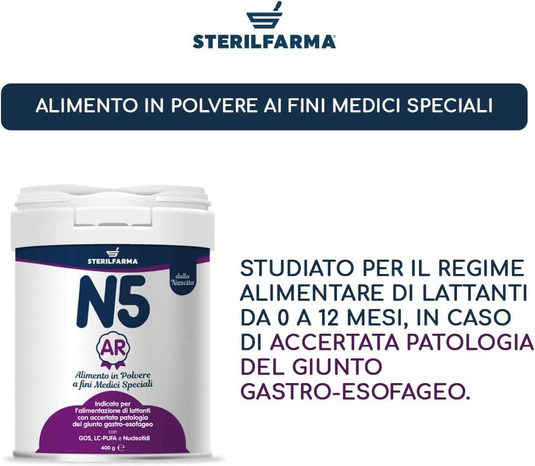 STERILFARMA N5 AR latte in polvere, anti reflusso, CONSIGLIATO DAL MEDICO PEDIATRA per il regime alimentare di lattanti da 0 a 12 mesi, in caso di accertata patologia del giunto gastro-esofageo 400gr in Latte in polvere per bambini Sanitaria Gioia del Bimbo - Villa San Giovanni, commercioVirtuoso.it
