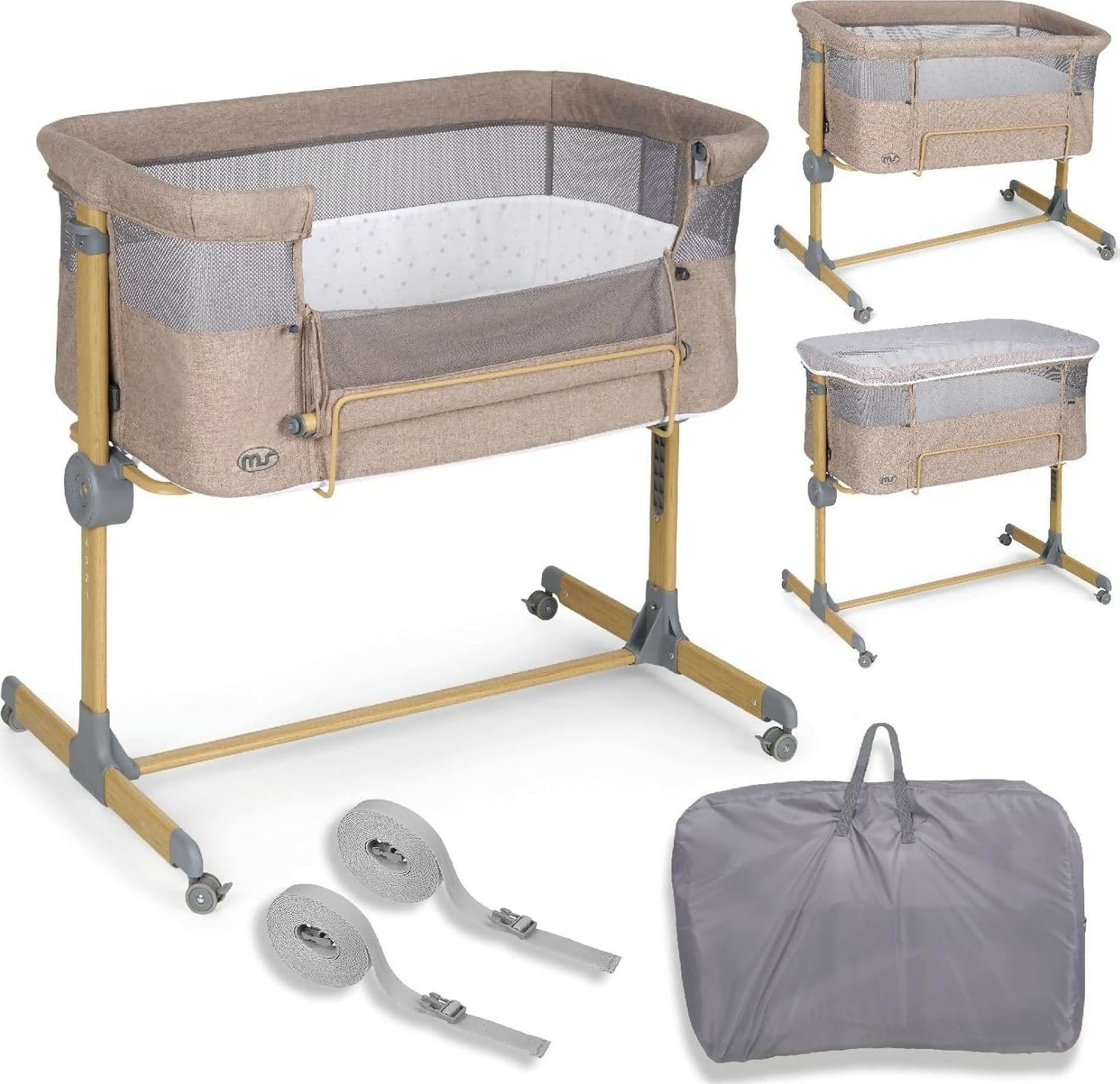 MS Sleepy - Culla Neonato Fianco Letto, Compatibile Con Diversi Letti, Altezza Regolabile, Inclinabile, Buona Circolazione Dell'Aria, Materasso E Borsa Inclusi, Zanzariera di serie inclusa, lacci inclusi, colore BEIGE con effetto legno