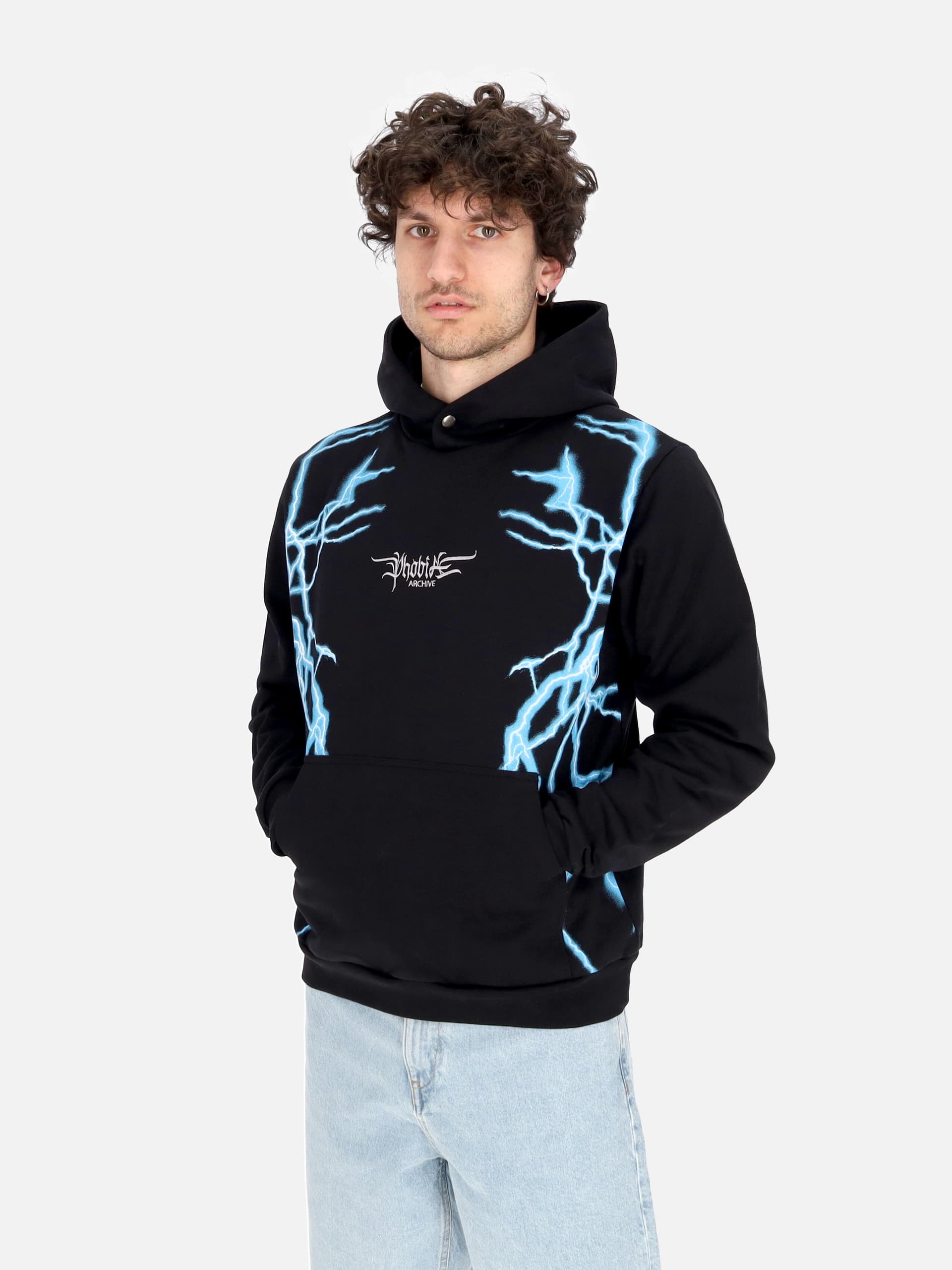 PHOBIA Felpa Leggera Cappuccio Uomo Lateral Lightning Print Hoodie Black/light Blue da uomo in Felpe con cappuccio Drestige - Casamassima, commercioVirtuoso.it
