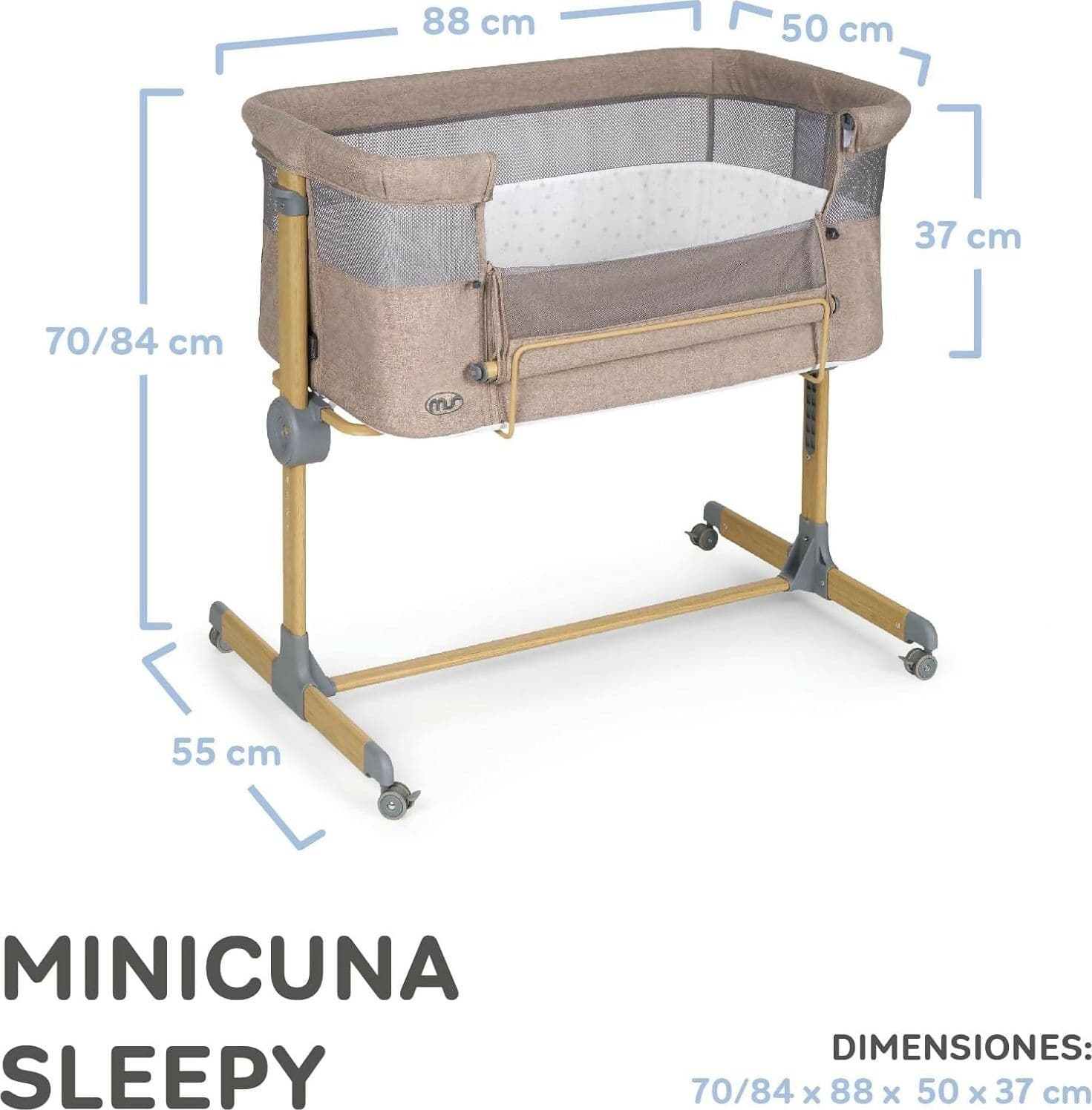 MS Sleepy - Culla Neonato Fianco Letto, Compatibile Con Diversi Letti, Altezza Regolabile, Inclinabile, Buona Circolazione Dell'Aria, Materasso E Borsa Inclusi, Zanzariera di serie inclusa, lacci inclusi, colore BEIGE con effetto legno in Lettini da affiancare Sanitaria Gioia del Bimbo - Villa San Giovanni, commercioVirtuoso.it