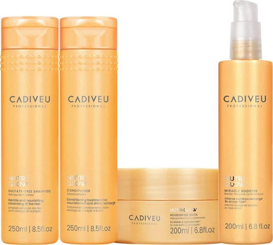 Cadiveu nutri glow kit rivendita: sulfate-free shampoo 250 ml + conditioner 250 ml + nourishing mask 200 ml + miracle booster 200 ml.