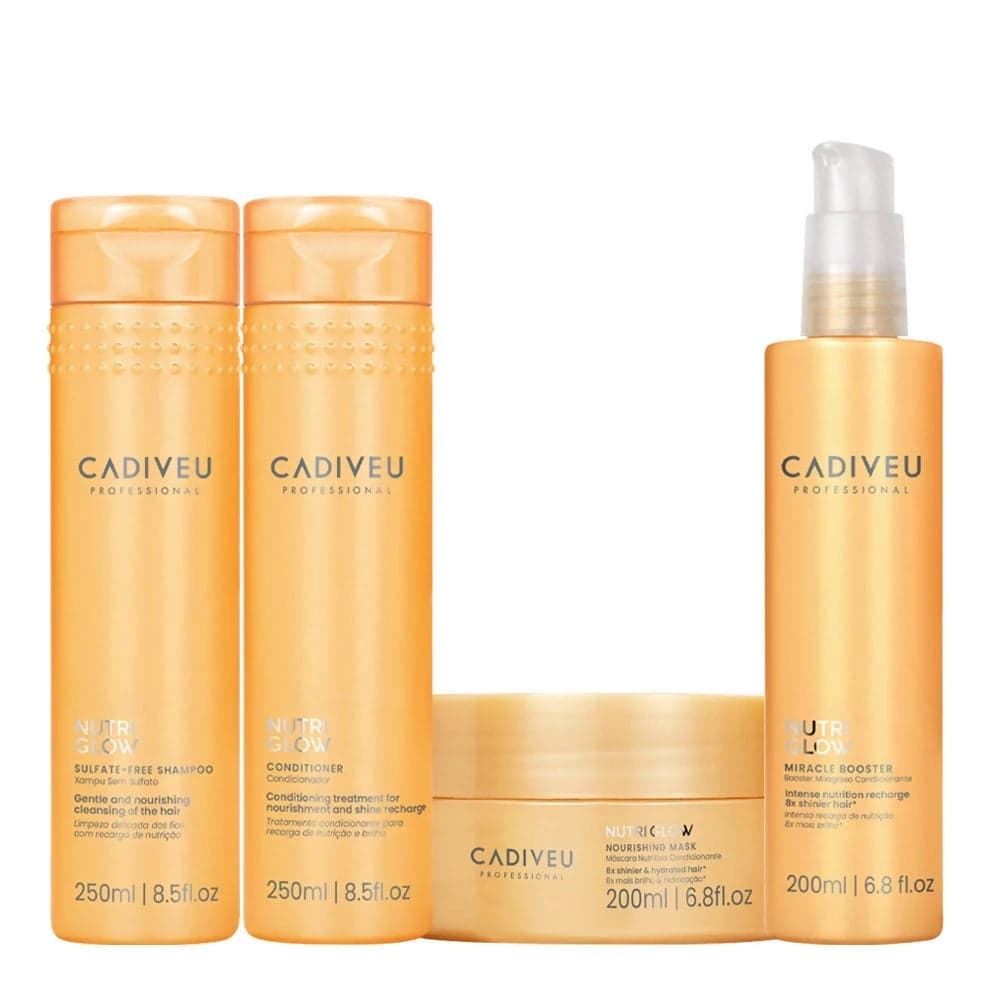 Cadiveu nutri glow kit rivendita: sulfate-free shampoo 250 ml + conditioner 250 ml + nourishing mask 200 ml + miracle booster 200 ml.
