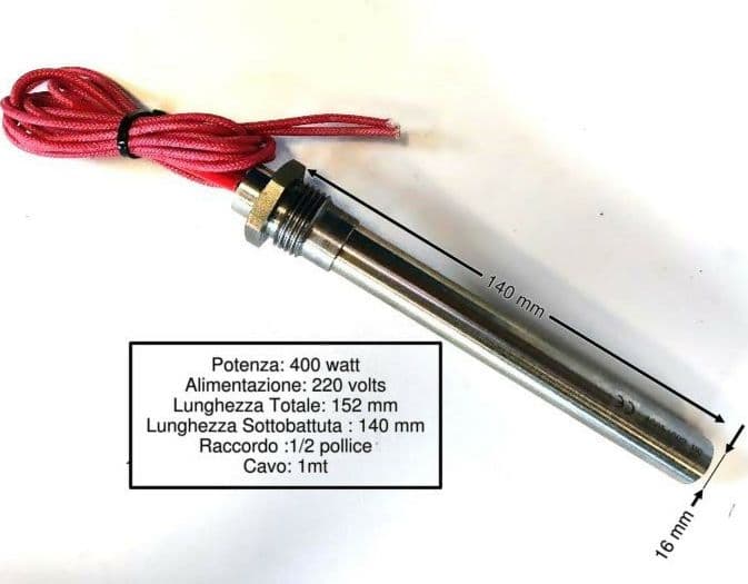 Candeletta resistenza accensione per stufa a pellet ECOSYSTEM 400 W, Ø 16 mm, lunghezza totale 152 mm, in Impianti di riscaldamento a pellet La Bottega dei Ricambi - San Cesareo, commercioVirtuoso.it