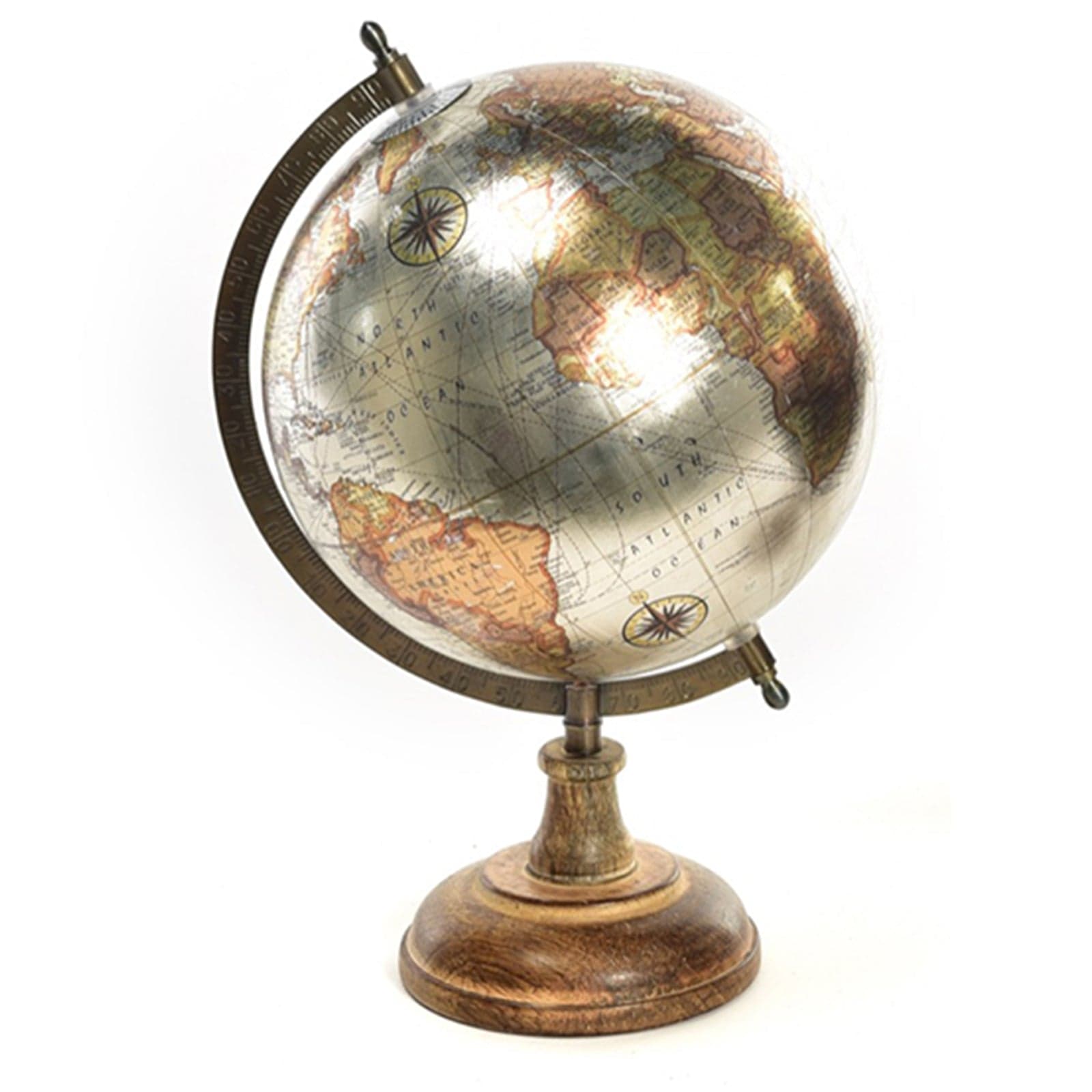 Mappamondo con piedistallo in legno decorazione per ambienti h 32,5 cm – Argento – Mercury