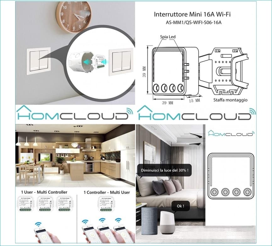 Modulo Interruttore Intelligente Mini Wi-Fi da incasso con comando da Smartphone e Vocale HOMCLOUD in Spine intelligenti e telecomandate DFP Elettronica Store - Scafati, commercioVirtuoso.it