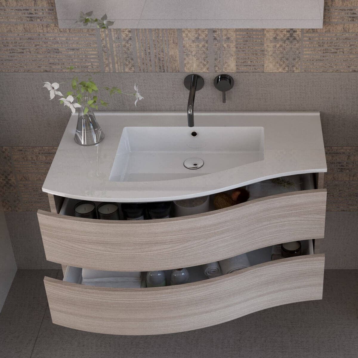 Mobile Bagno Curvo 90cm Sospeso Con Cassettoni