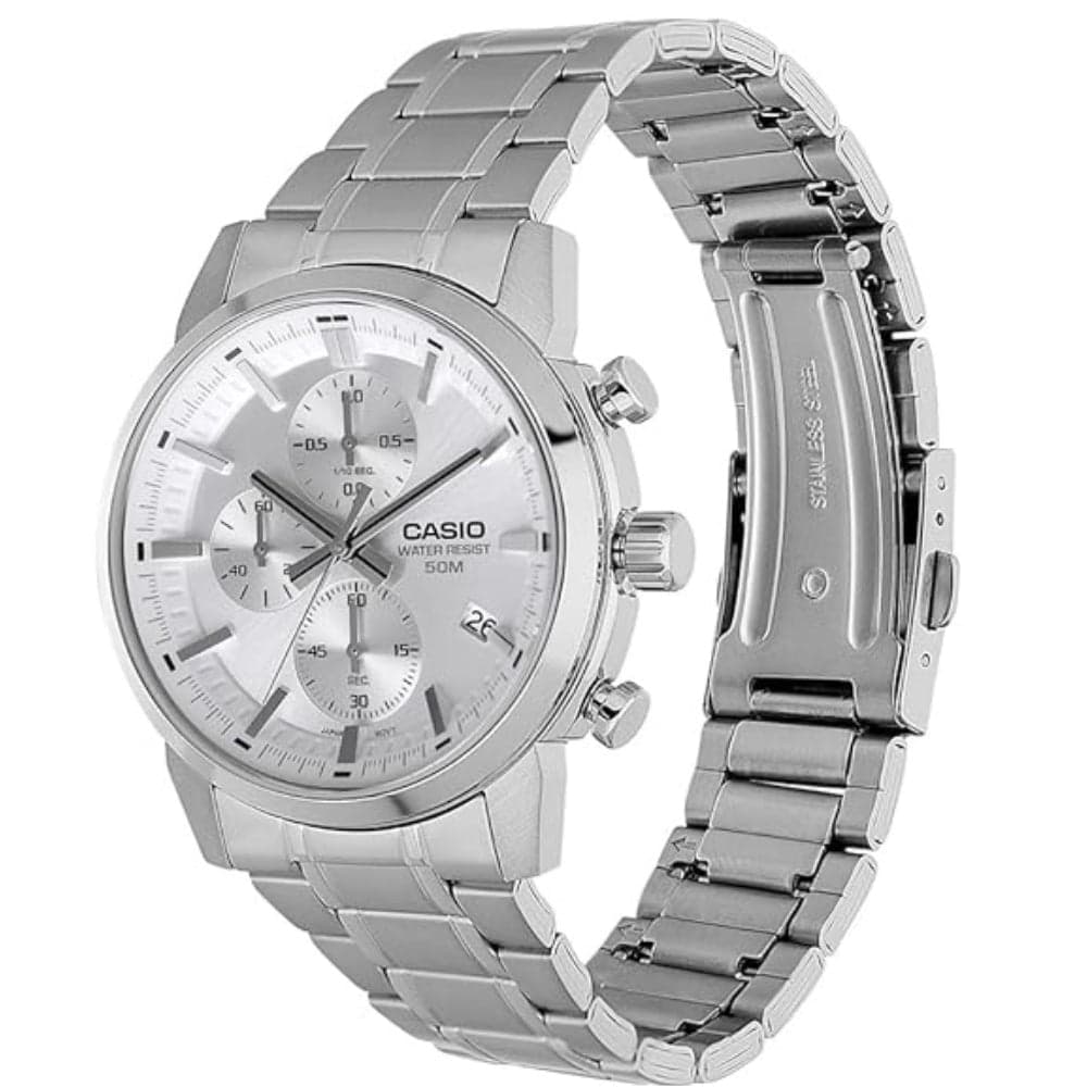 Orologio da uomo Casio Standard Analog Cronografo in acciaio inossidabile con quadrante argentato al quarzo MTP-E510D-7AVDF in Orologi da polso Dupers Club - Campo di Giove, commercioVirtuoso.it