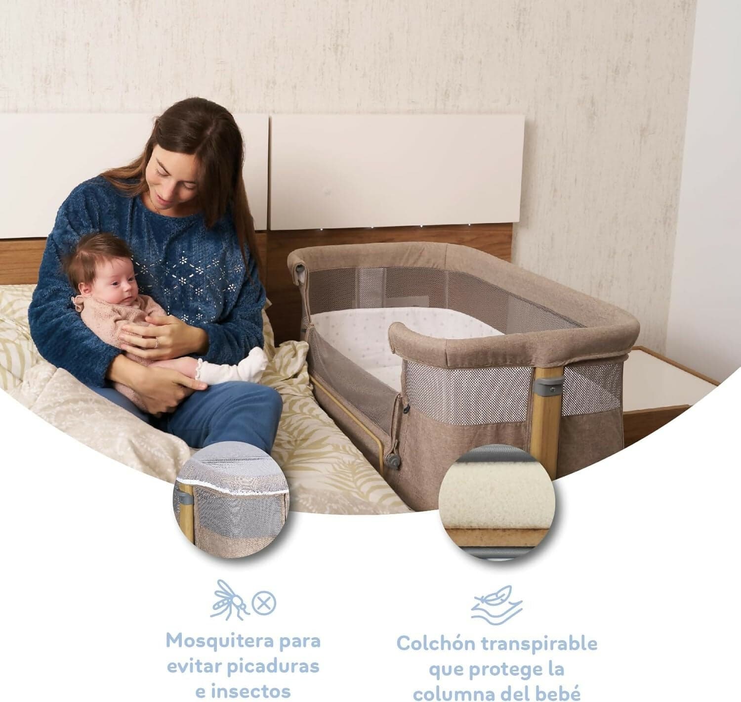 MS Sleepy - Culla Neonato Fianco Letto, Compatibile Con Diversi Letti, Altezza Regolabile, Inclinabile, Buona Circolazione Dell'Aria, Materasso E Borsa Inclusi, Zanzariera di serie inclusa, lacci inclusi, colore BEIGE con effetto legno in Lettini da affiancare Sanitaria Gioia del Bimbo - Villa San Giovanni, commercioVirtuoso.it