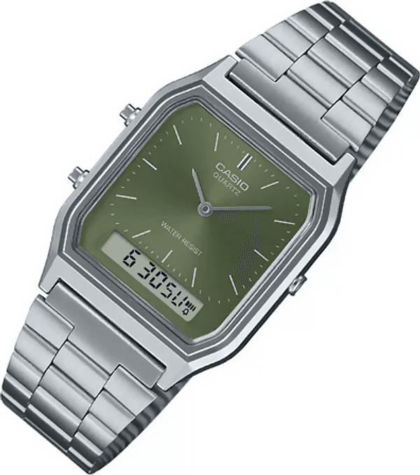 Orologio Casio, AQ-230A-3A, orologio unisex con quadrante verde smeraldo, orario doppio uno analogico e uno digitale in Orologi da polso Loweconomy - Marineo, commercioVirtuoso.it