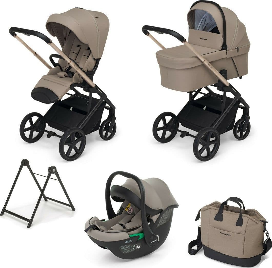 FOPPAPEDRETTI Sistema Combinato TicToc Pro i-Size colore CHAMPAGNE - trio full completo - navicella, passeggino, ovetto seggiolino auto, borsa Elegant, base Elevo