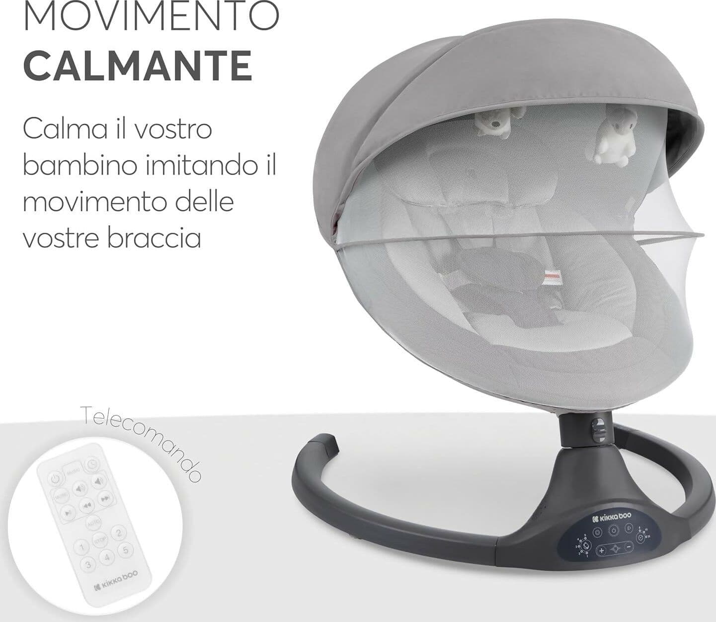 KIKKABOO Sdraietta Neonati Elettrica CODIE - Dondolo Elettrico per Neonati con Bluetooth, 5 Velocità, Schienale Regolabile, 10 Melodie, Fino a 9 kg, colore LIGHT GREY - GRIGIO CHIARO - con Telecomando - rilassante, calmante in Sdraiette e dondolini Sanitaria Gioia del Bimbo - Villa San Giovanni, commercioVirtuoso.it