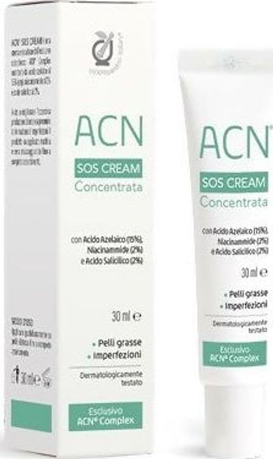 ACN SOS crema concentrata FPI 30ml. Crema con acido azelaico 15% (p/p), niacinammide al 2%, acido salicilicoal 2%, per pelli grassi, con imperfezioni.