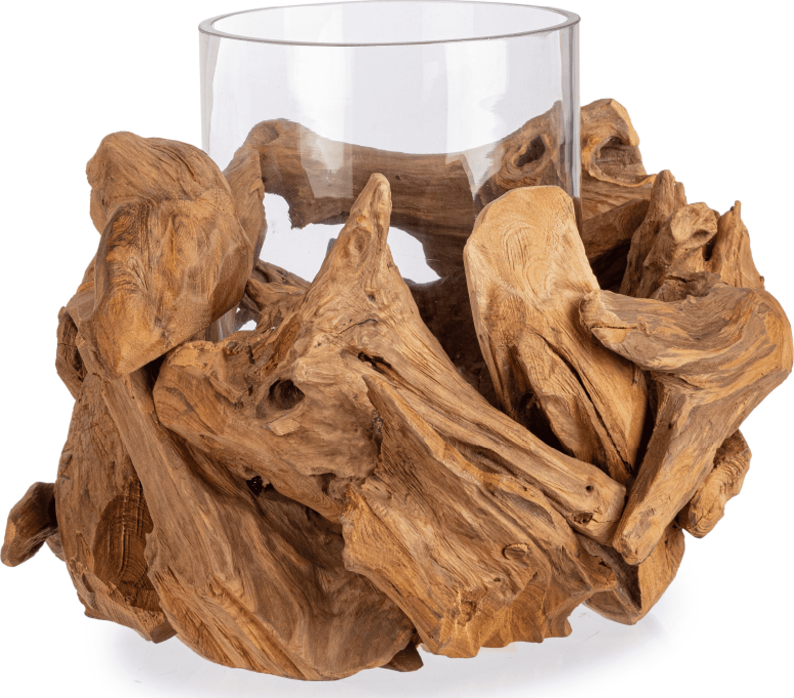 Porta candela in vetro 1P izara nat h 31  con radici di legno teak riciclato,  fatto con finitura naturale - 3