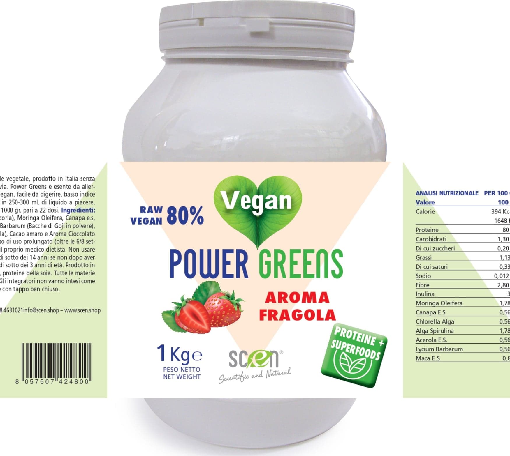 Power Greens - proteine vegetali + Superfoods - Gusto fragola - 1000 gr.