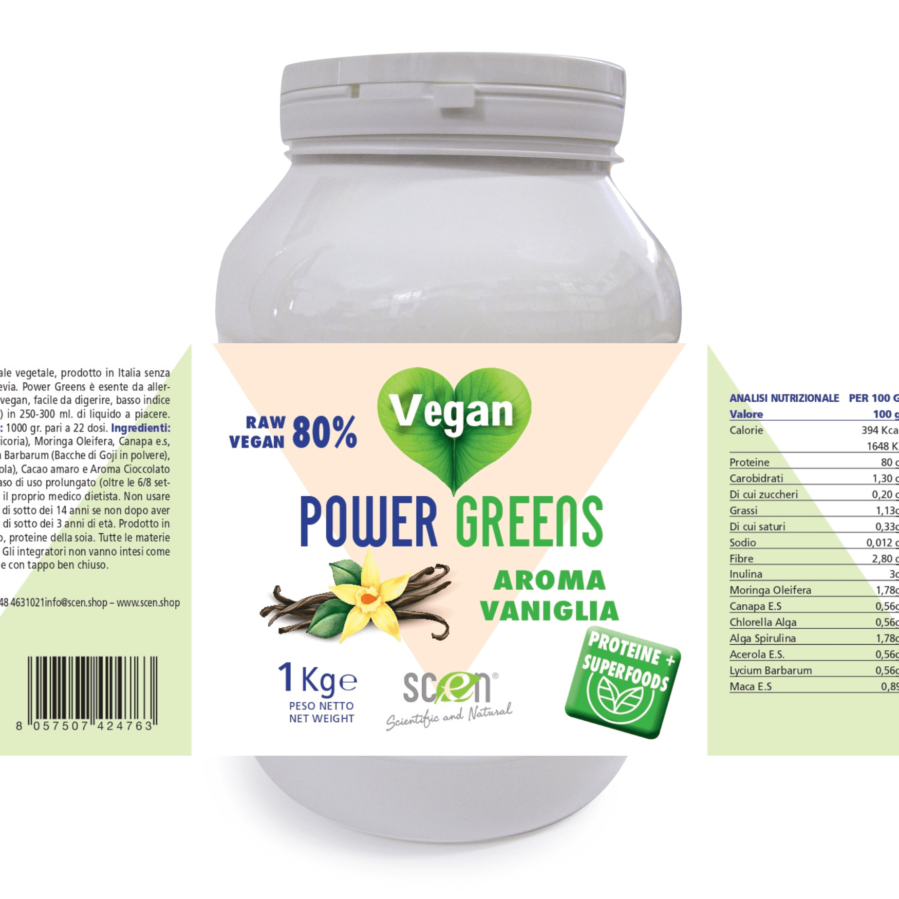 Power Greens - proteine vegetali + Superfoods - Gusto vaniglia - 1000 gr. in Proteine del pisello Scen Scientific and Natural - Poggibonsi, commercioVirtuoso.it