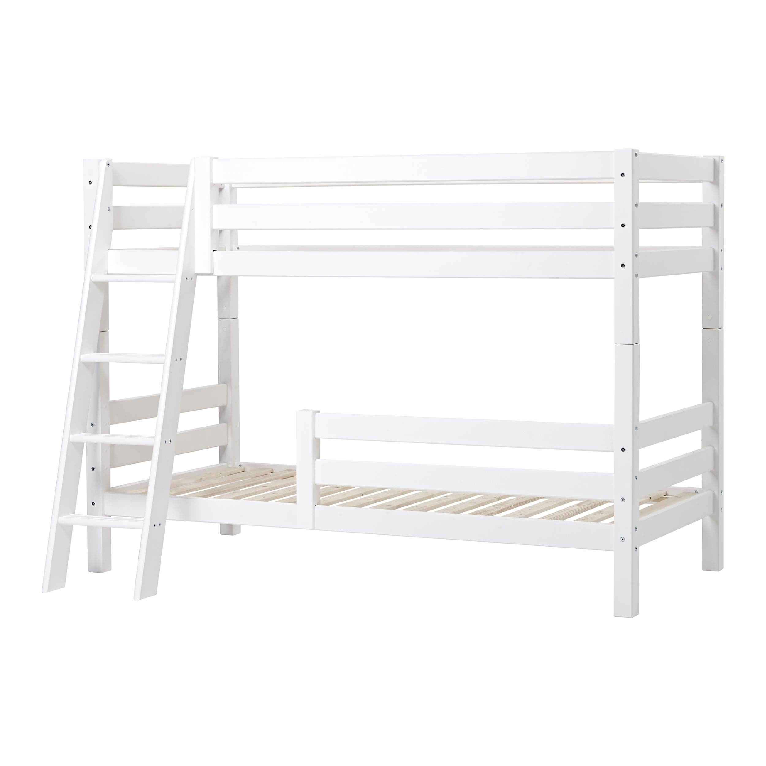 Letto a castello 90x200 cm con due sponde e scaletta inclinata, Rete a doghe flessibili Hoppekids ECO Luxury - Bianco