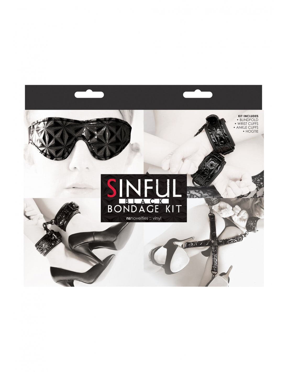 Sinful Black Bondage Kit vinile nero manette cavigliere hogtie maschera set in prodotto Erosdom - Palmi, commercioVirtuoso.it