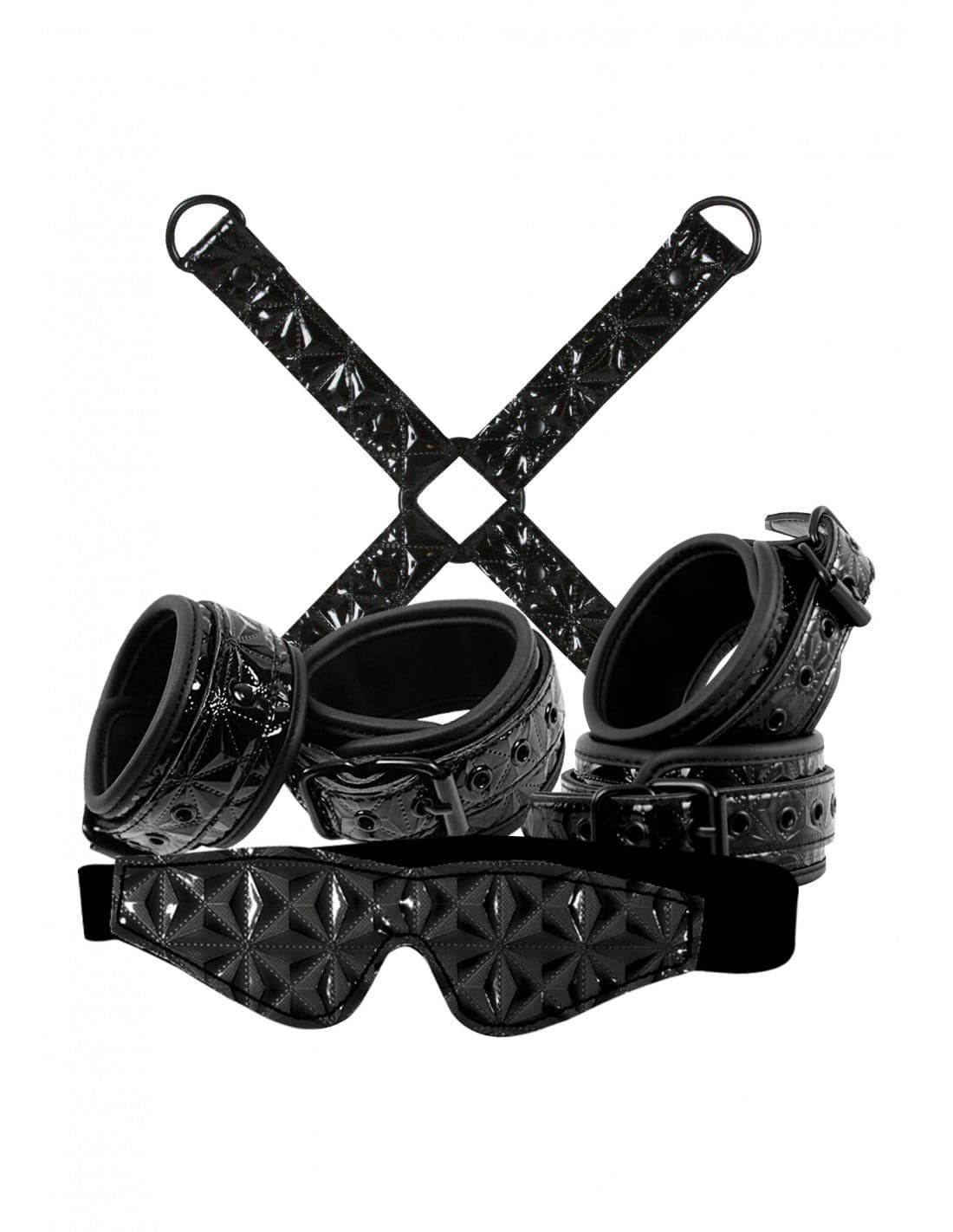 Sinful Black Bondage Kit vinile nero manette cavigliere hogtie maschera set in prodotto Erosdom - Palmi, commercioVirtuoso.it