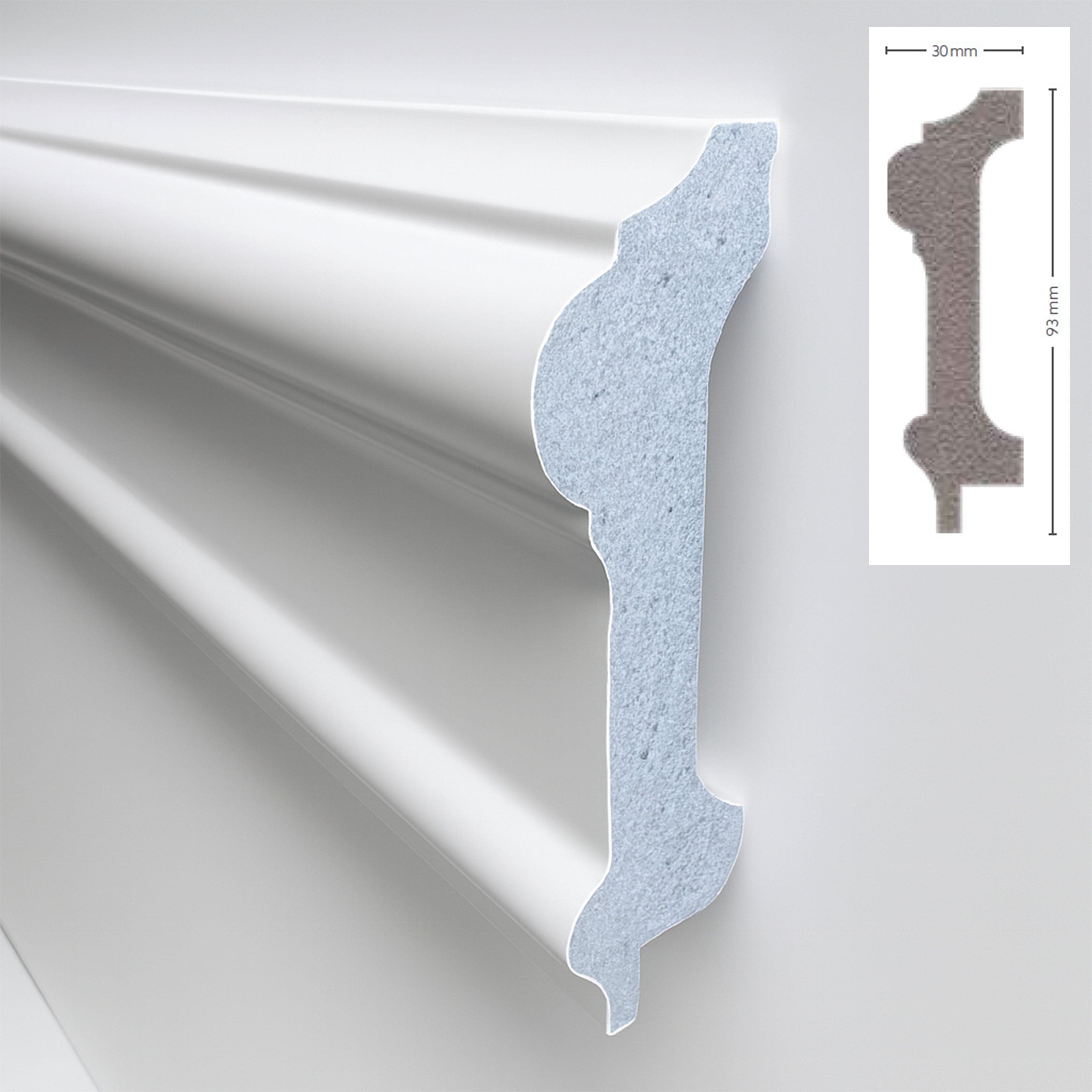 *STOCK FOLLI* pacco da 22ml di Profilo per boiserie in Polimeri Bianco RAL 9016 verniciabile 93X30mm in Battiscopa Eternal Parquet - Ariano Irpino, commercioVirtuoso.it