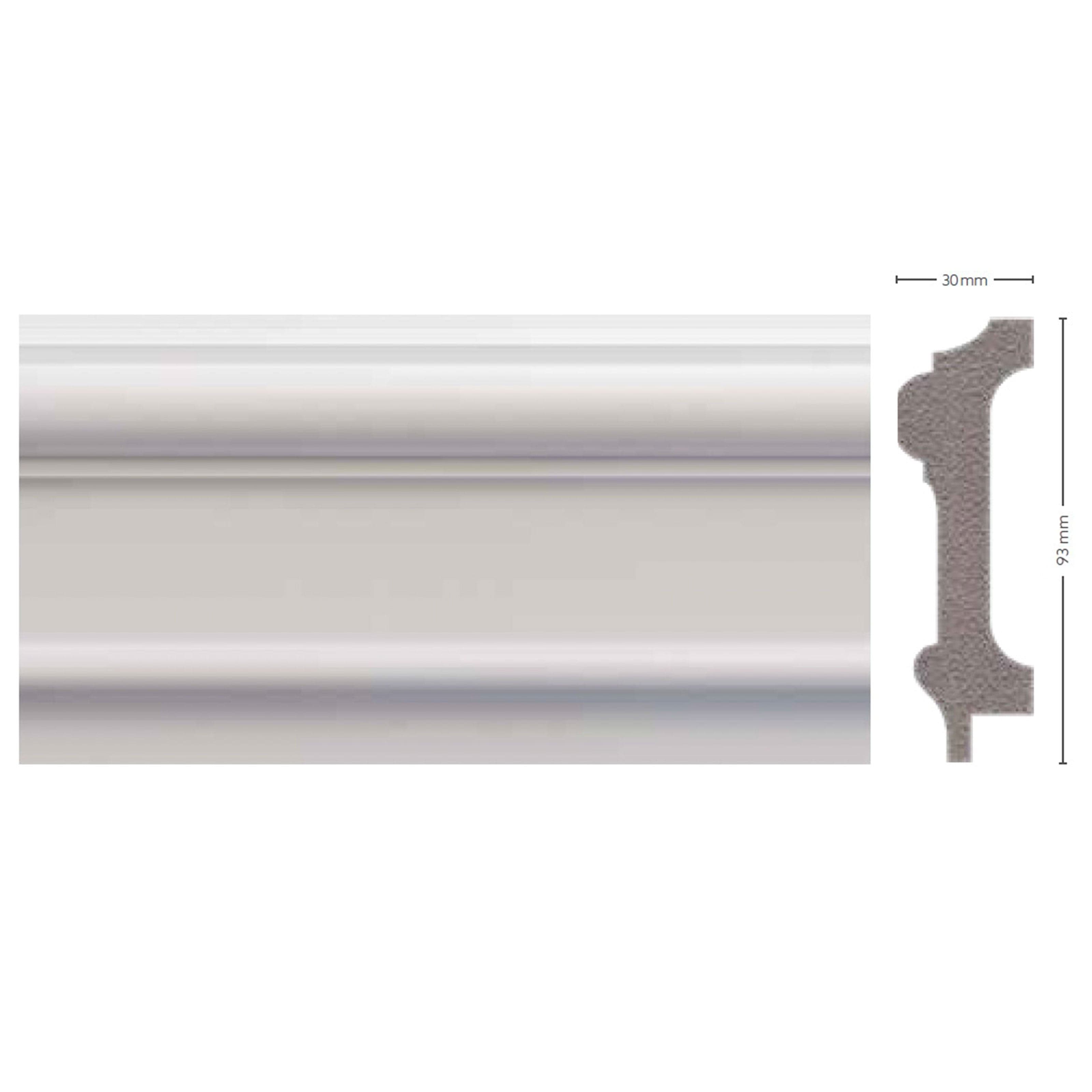 *STOCK FOLLI* pacco da 22ml di  Profilo per boiserie in Polimeri Bianco RAL 9016 verniciabile 93X30mm in Battiscopa Eternal Parquet - Ariano Irpino, commercioVirtuoso.it
