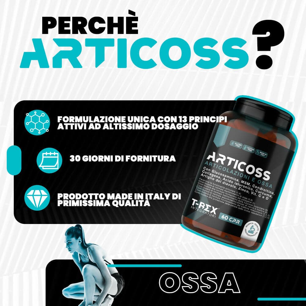 Integratore Per Articolazioni Ossa E Cartilagini Articoss T-rex Integratori Con Glucosamina Condroitina Msm Artiglio Del Diavolo, Vitamina C E Vitamina D, Collagene E Acido Ialuronico. 60 Compresse in Glucosamina MyLab Nutrition - Roma, commercioVirtuoso.it