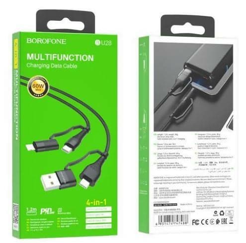 Cavo ricarica usb borofone bu28 "multi-energy" nero 4 in 1 1m 2.4a usb-c lightning iphone 60w per iphone 14 13 12 pro max mini 11 se 2020 x/xs max/xr/8/7/6s/6 plus 5s/5c/ipad cavetto nylon